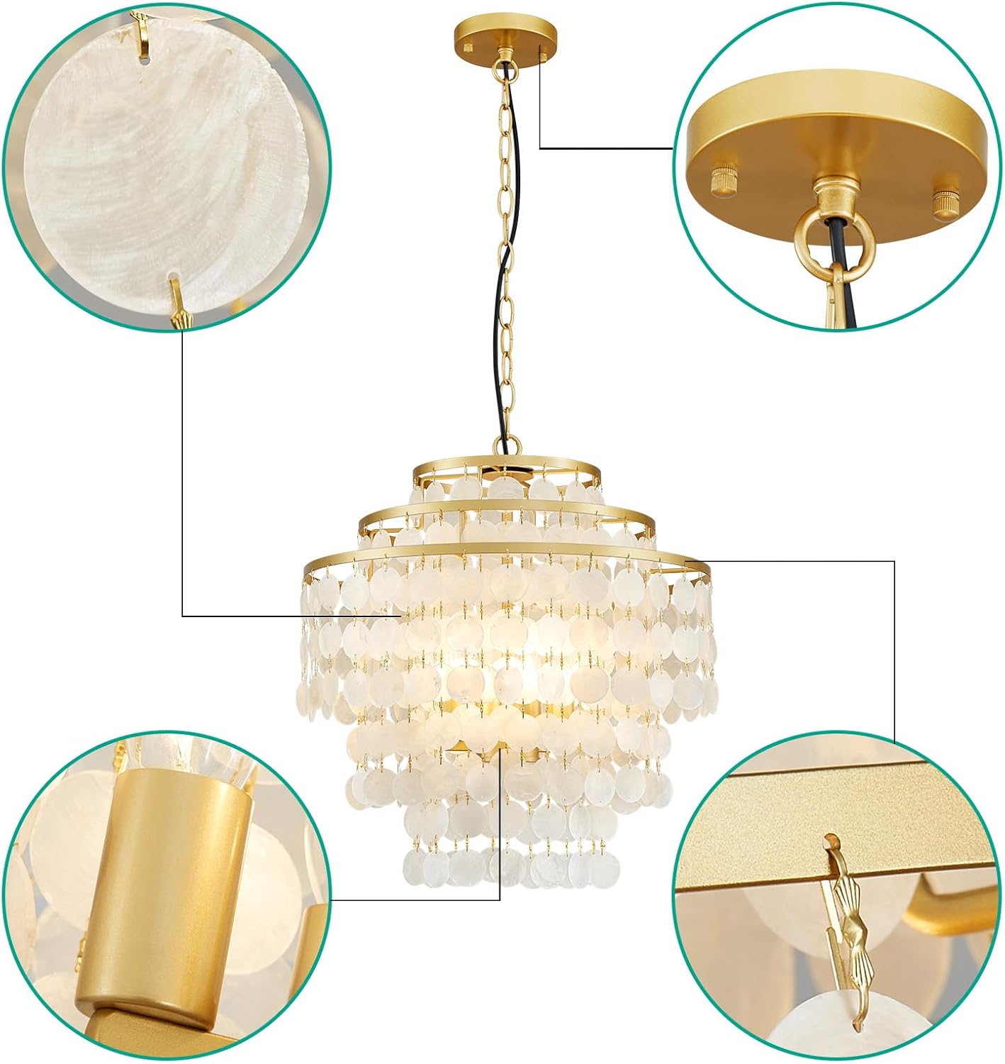 Luxury Gold Capiz Shell Chandelier – Tiered Round Pendant with Adjustable Height