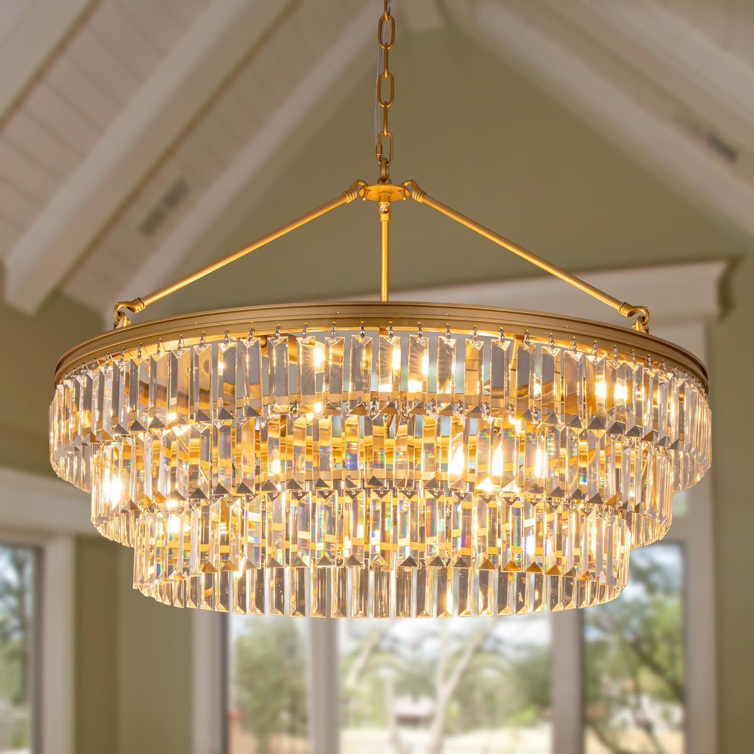 Luxury Round Tiered Crystal Chandelier – Modern Gold LED Pendant Light with Adjustable Chain
