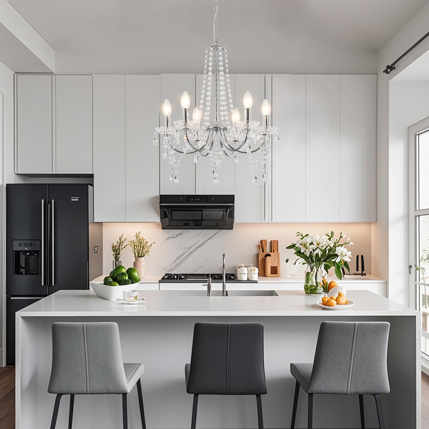 6-Light Crystal Chandelier for Dining Room - Vintage Modern Ceiling Light for Flat, Sloped & Vaulted Ceilings