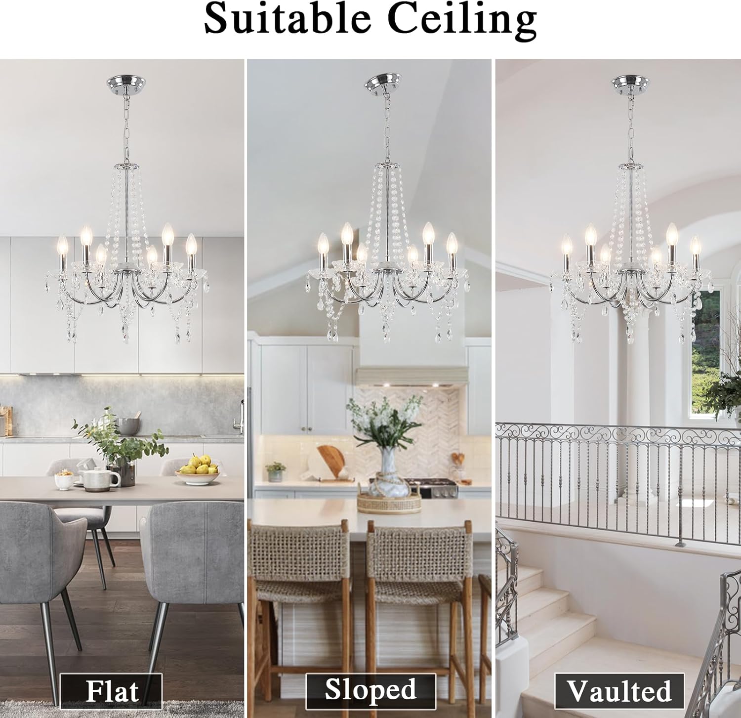 6-Light Crystal Chandelier for Dining Room - Vintage Modern Ceiling Light for Flat, Sloped & Vaulted Ceilings