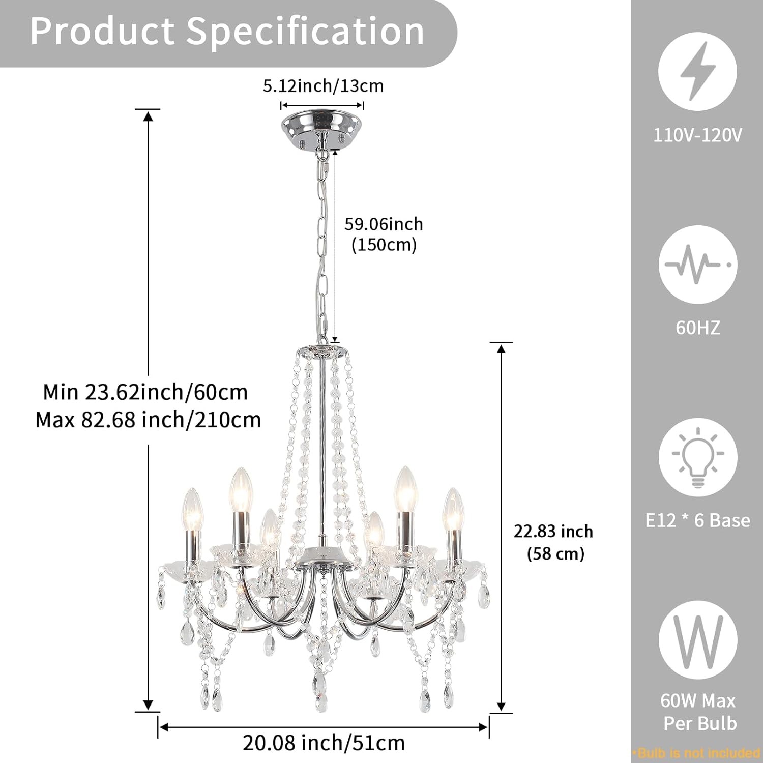 6-Light Crystal Chandelier for Dining Room - Vintage Modern Ceiling Light for Flat, Sloped & Vaulted Ceilings