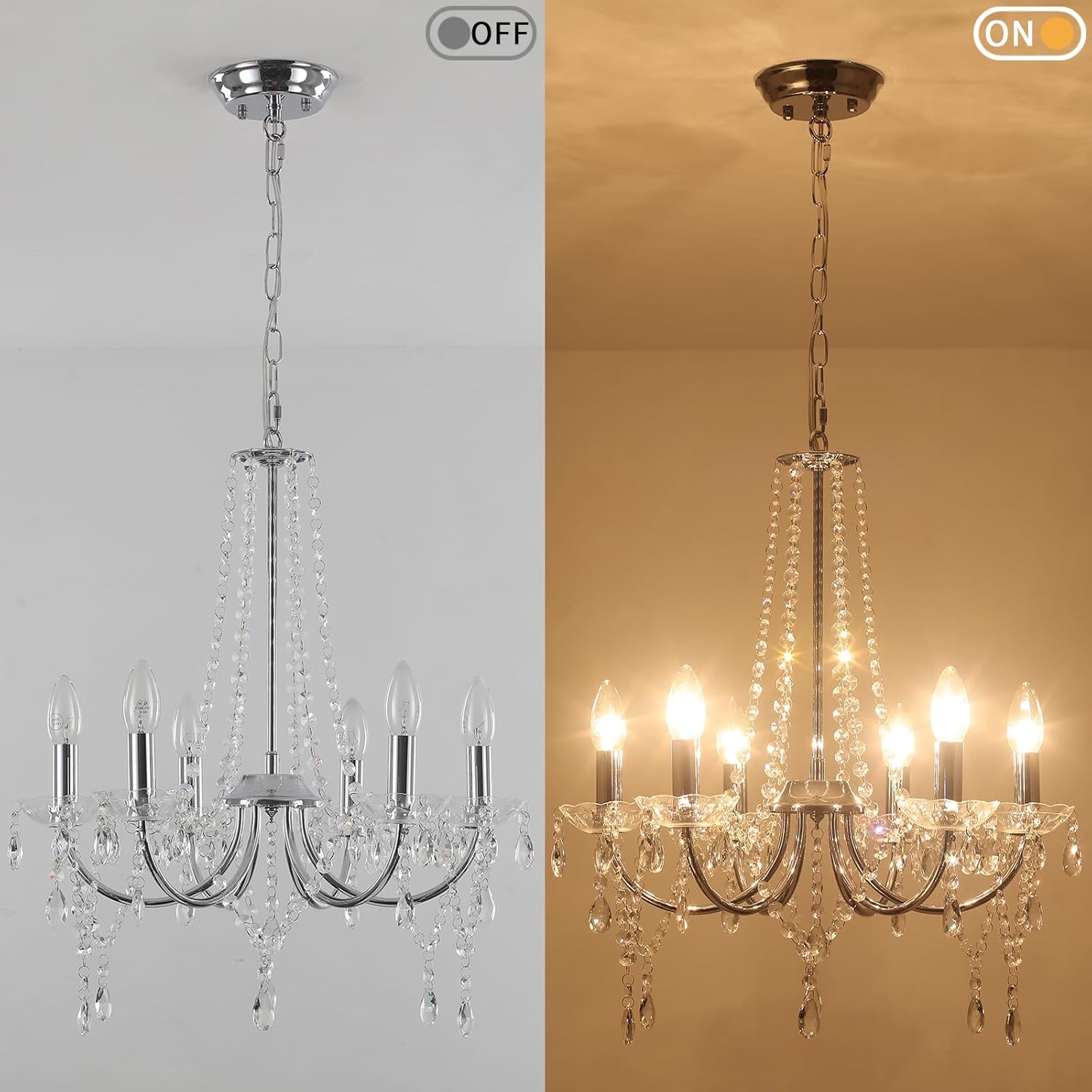 6-Light Crystal Chandelier for Dining Room - Vintage Modern Ceiling Light for Flat, Sloped & Vaulted Ceilings