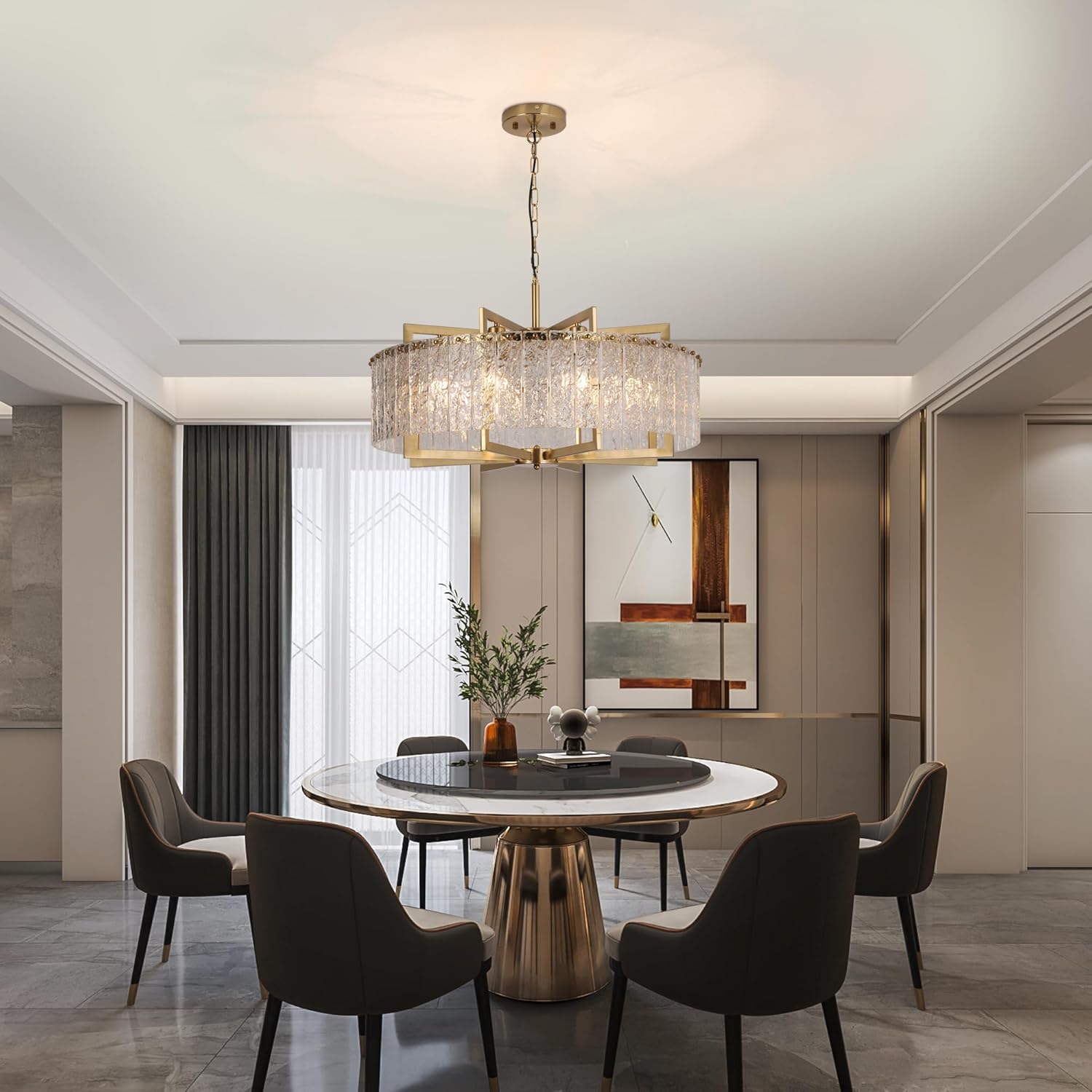 Luxury Round Gold Chandelier with Water Ripple Glass - E26 Base, Adjustable Height