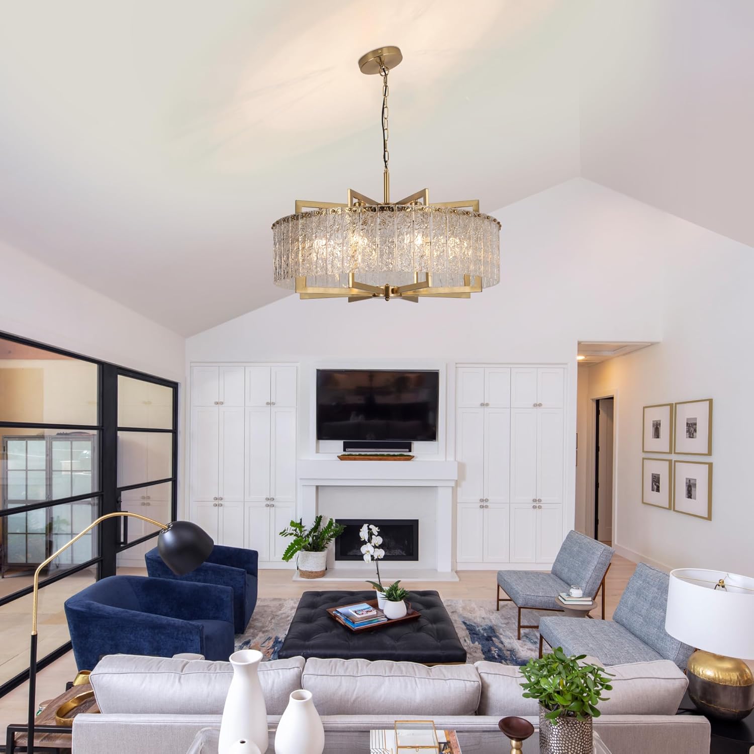 Luxury Round Gold Chandelier with Water Ripple Glass - E26 Base, Adjustable Height