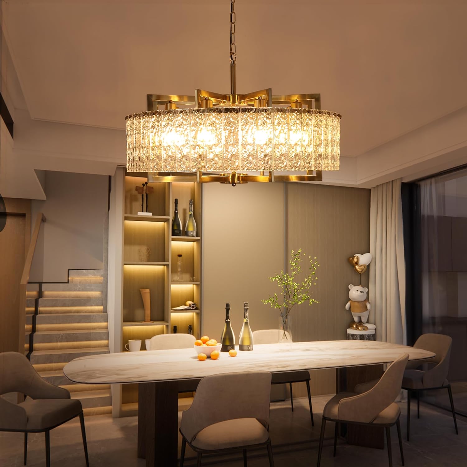 Luxury Round Gold Chandelier with Water Ripple Glass - E26 Base, Adjustable Height