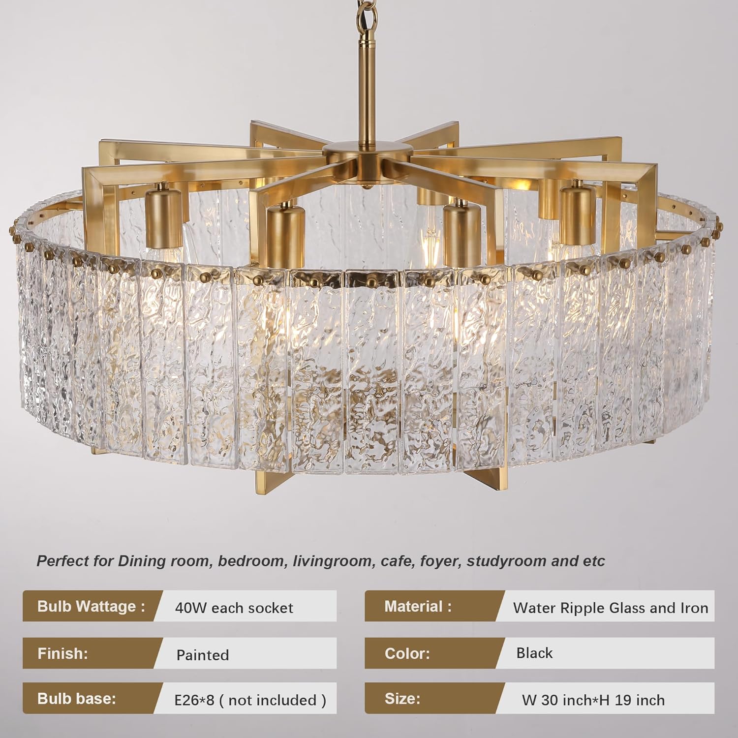 Luxury Round Gold Chandelier with Water Ripple Glass - E26 Base, Adjustable Height