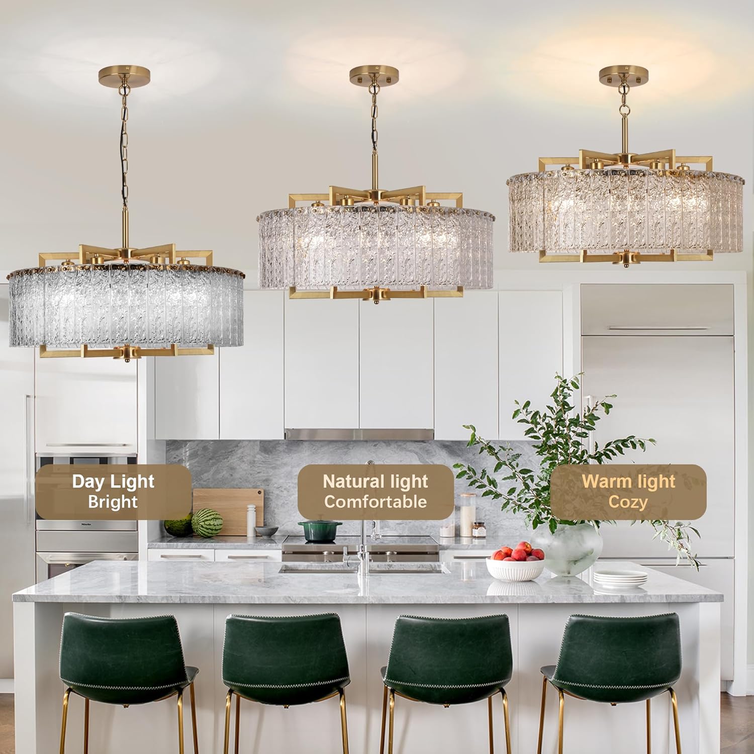 Luxury Round Gold Chandelier with Water Ripple Glass - E26 Base, Adjustable Height
