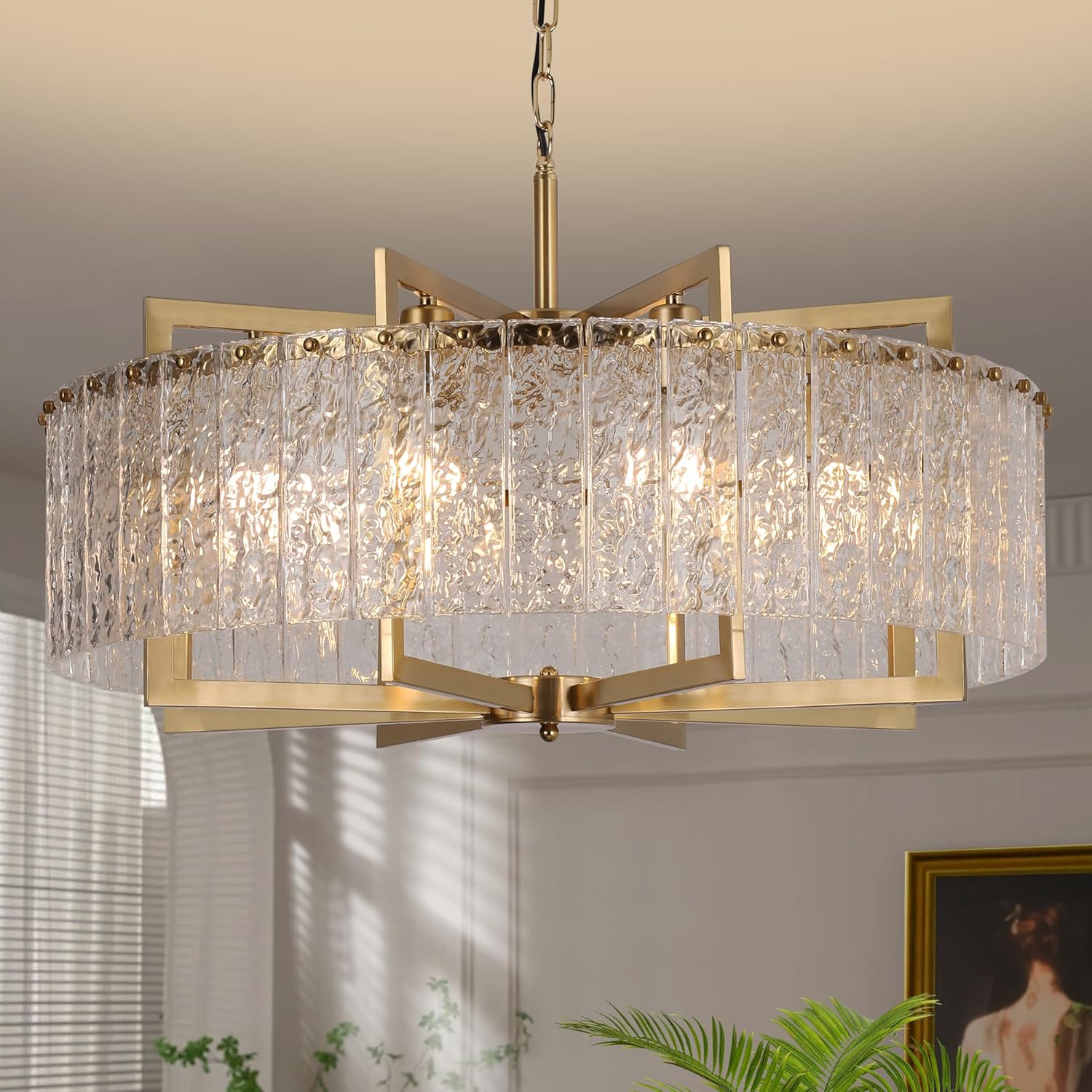 Luxury Round Gold Chandelier with Water Ripple Glass - E26 Base, Adjustable Height