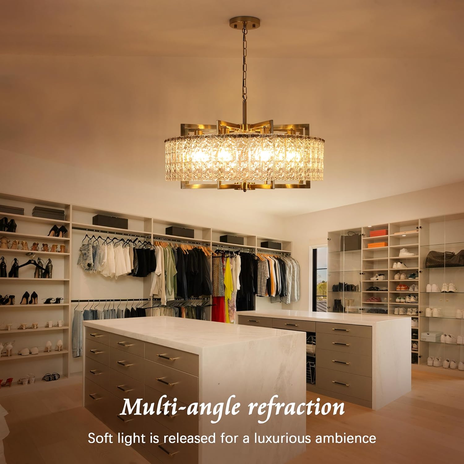 Luxury Round Gold Chandelier with Water Ripple Glass - E26 Base, Adjustable Height