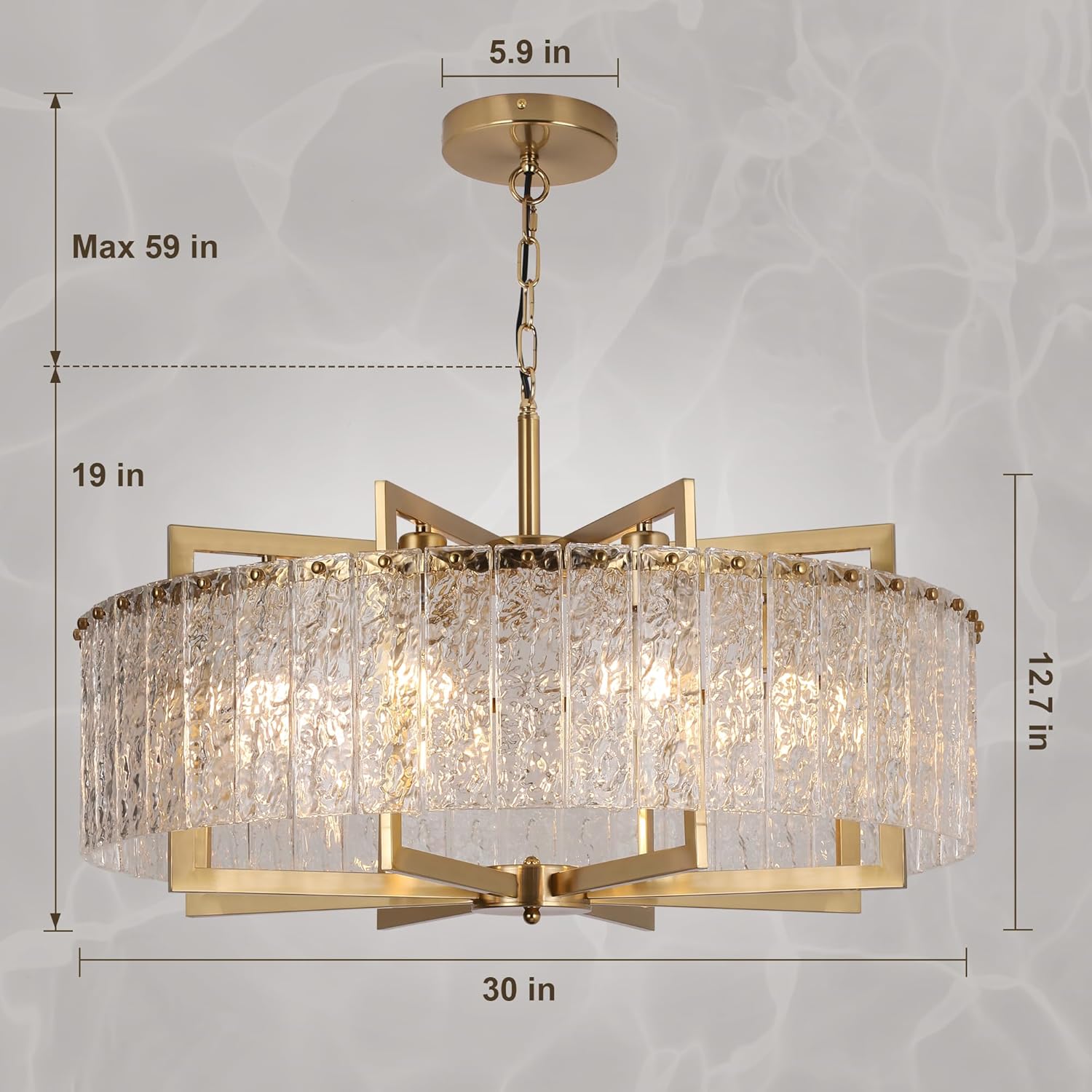 Luxury Round Gold Chandelier with Water Ripple Glass - E26 Base, Adjustable Height