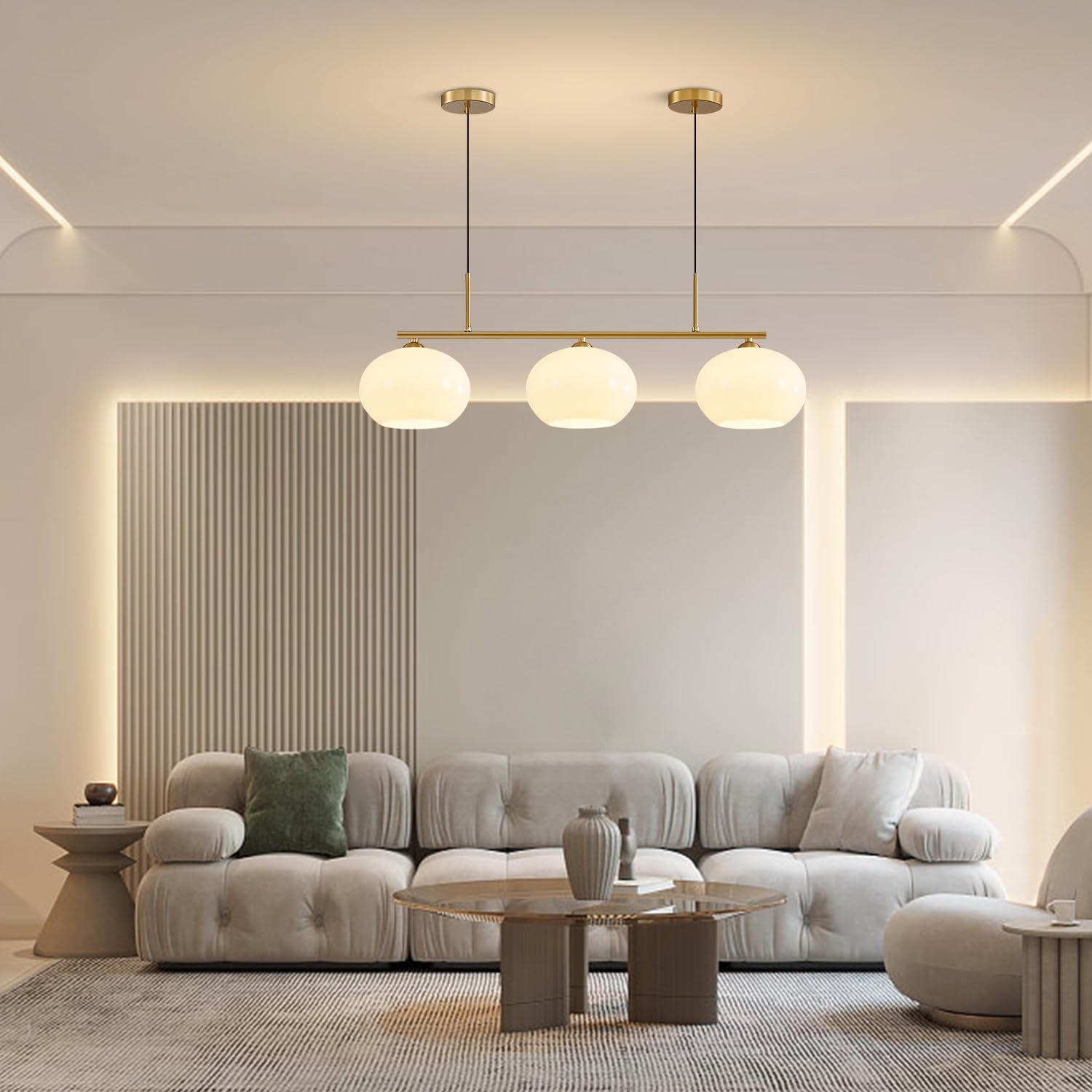 Modern Gold Linear 3-Light Pendant Chandelier Glass Globe Kitchen Island Lighting Fixture