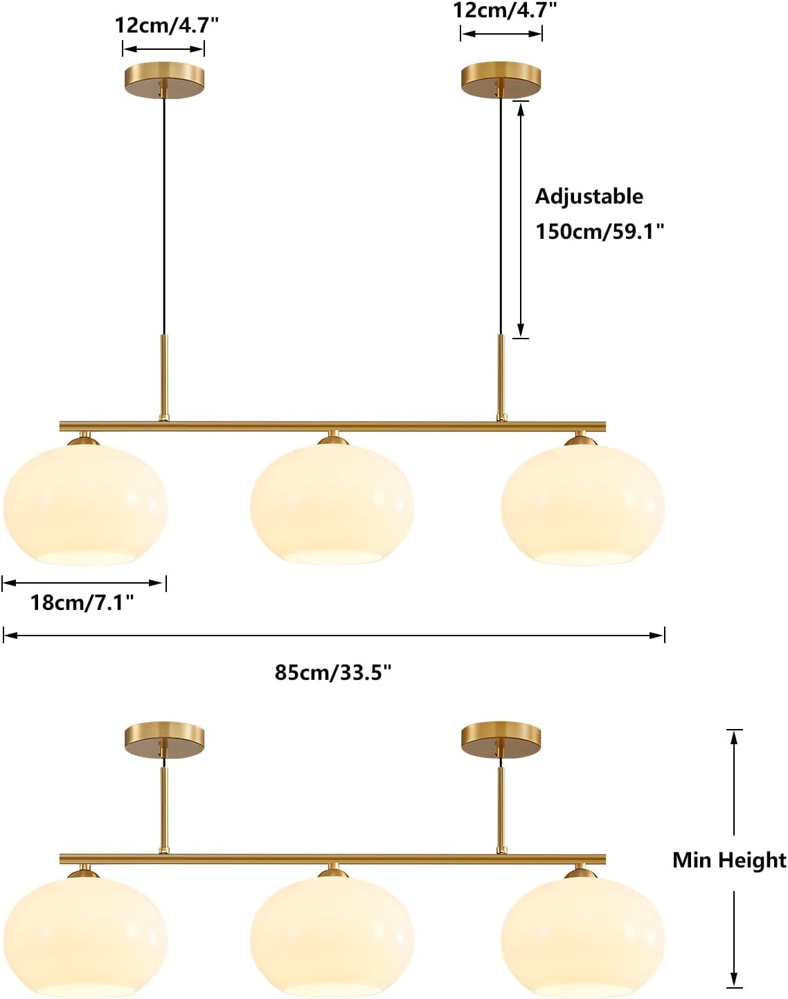 Modern Gold Linear 3-Light Pendant Chandelier Glass Globe Kitchen Island Lighting Fixture