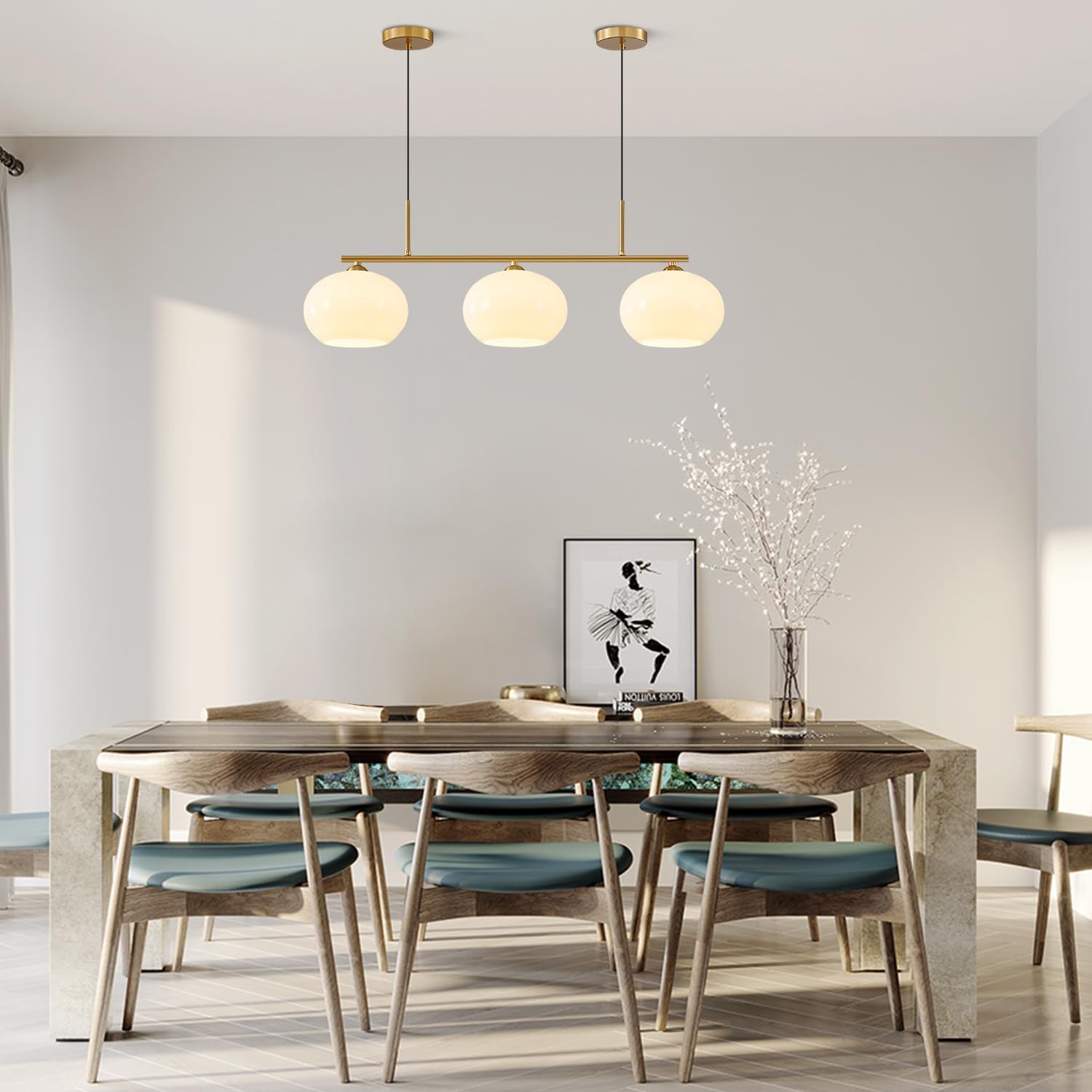 Modern Gold Linear 3-Light Pendant Chandelier Glass Globe Kitchen Island Lighting Fixture