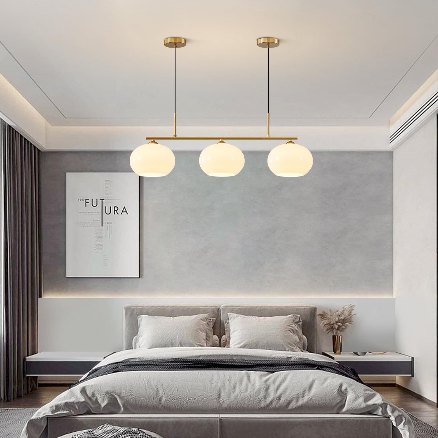 Modern Gold Linear 3-Light Pendant Chandelier Glass Globe Kitchen Island Lighting Fixture