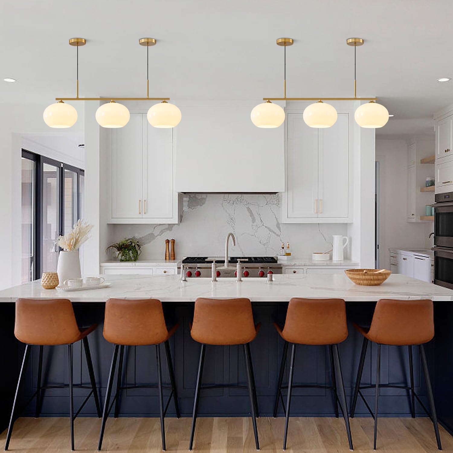 Modern Gold Linear 3-Light Pendant Chandelier Glass Globe Kitchen Island Lighting Fixture