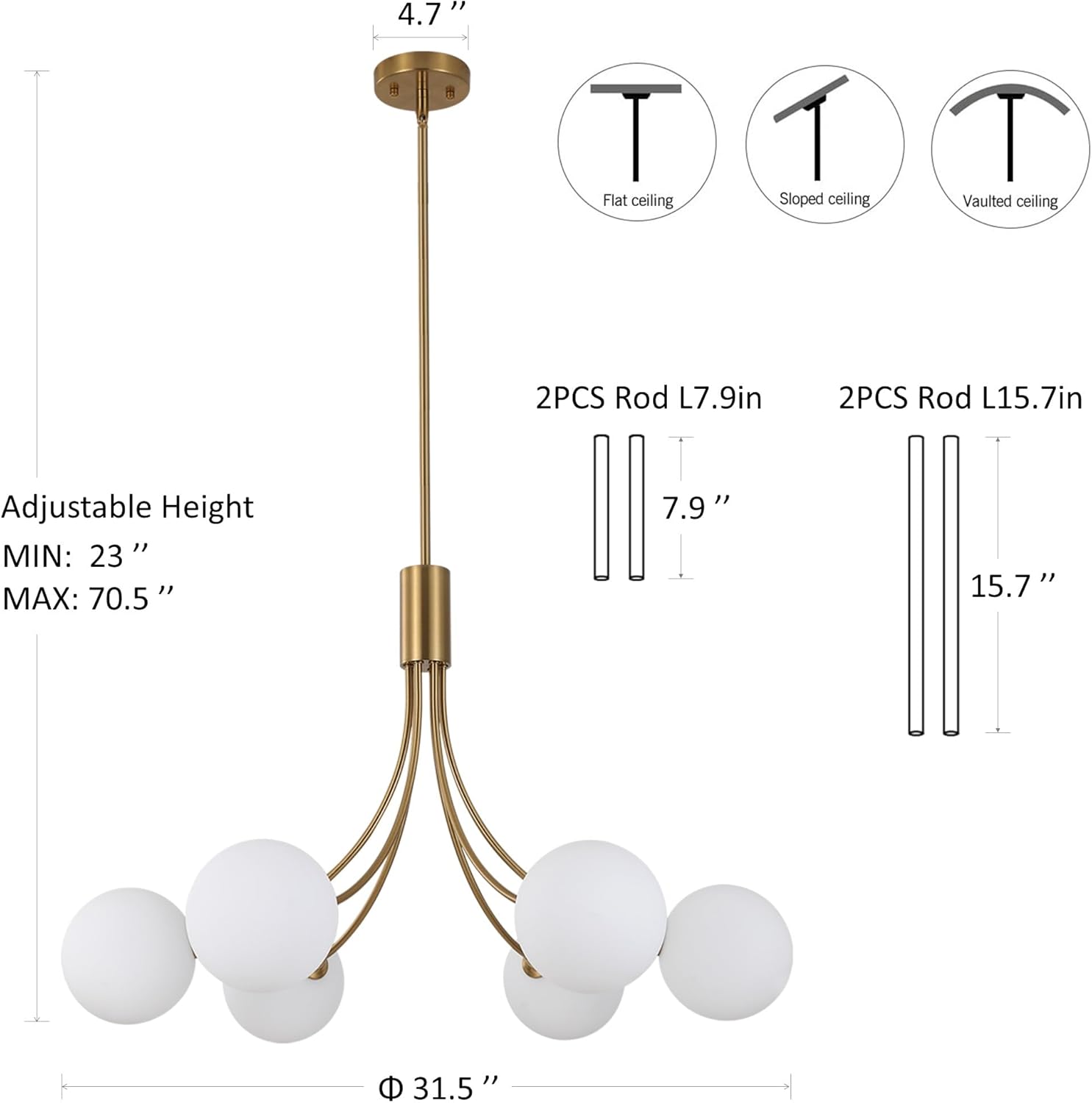 Modern 6-Light Globe Chandelier - Adjustable Gold Pendant Light with Opal Glass Shades, E26 Base for Dining & Living Room