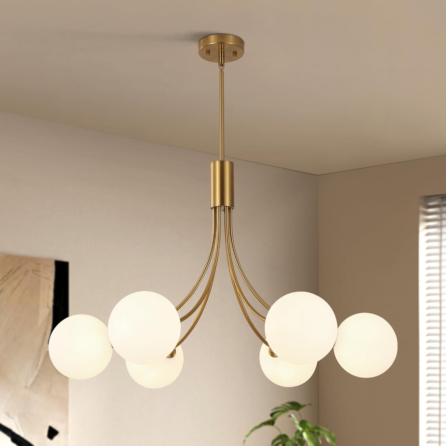 Modern 6-Light Globe Chandelier - Adjustable Gold Pendant Light with Opal Glass Shades, E26 Base for Dining & Living Room