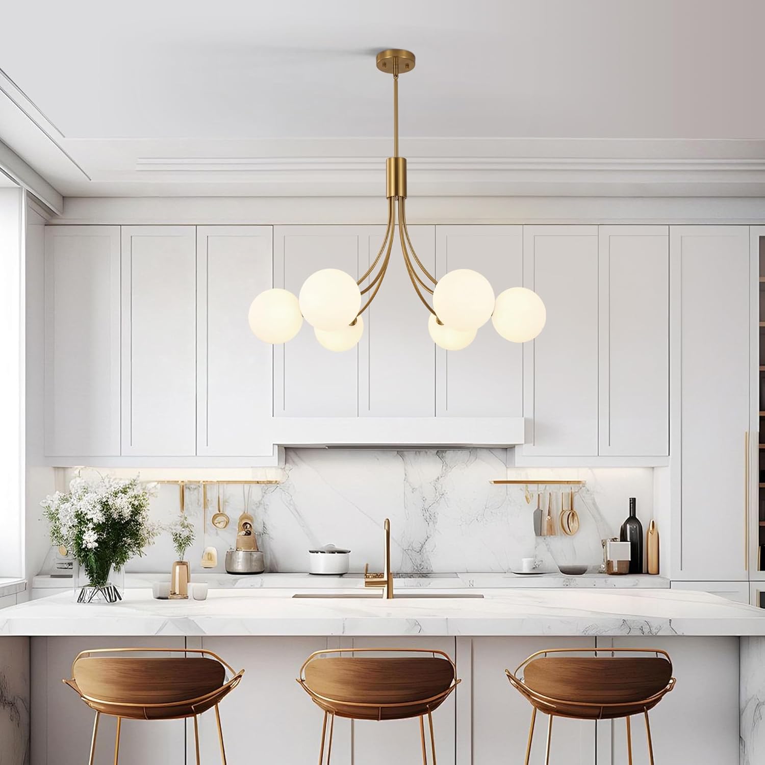 Modern 6-Light Globe Chandelier - Adjustable Gold Pendant Light with Opal Glass Shades, E26 Base for Dining & Living Room