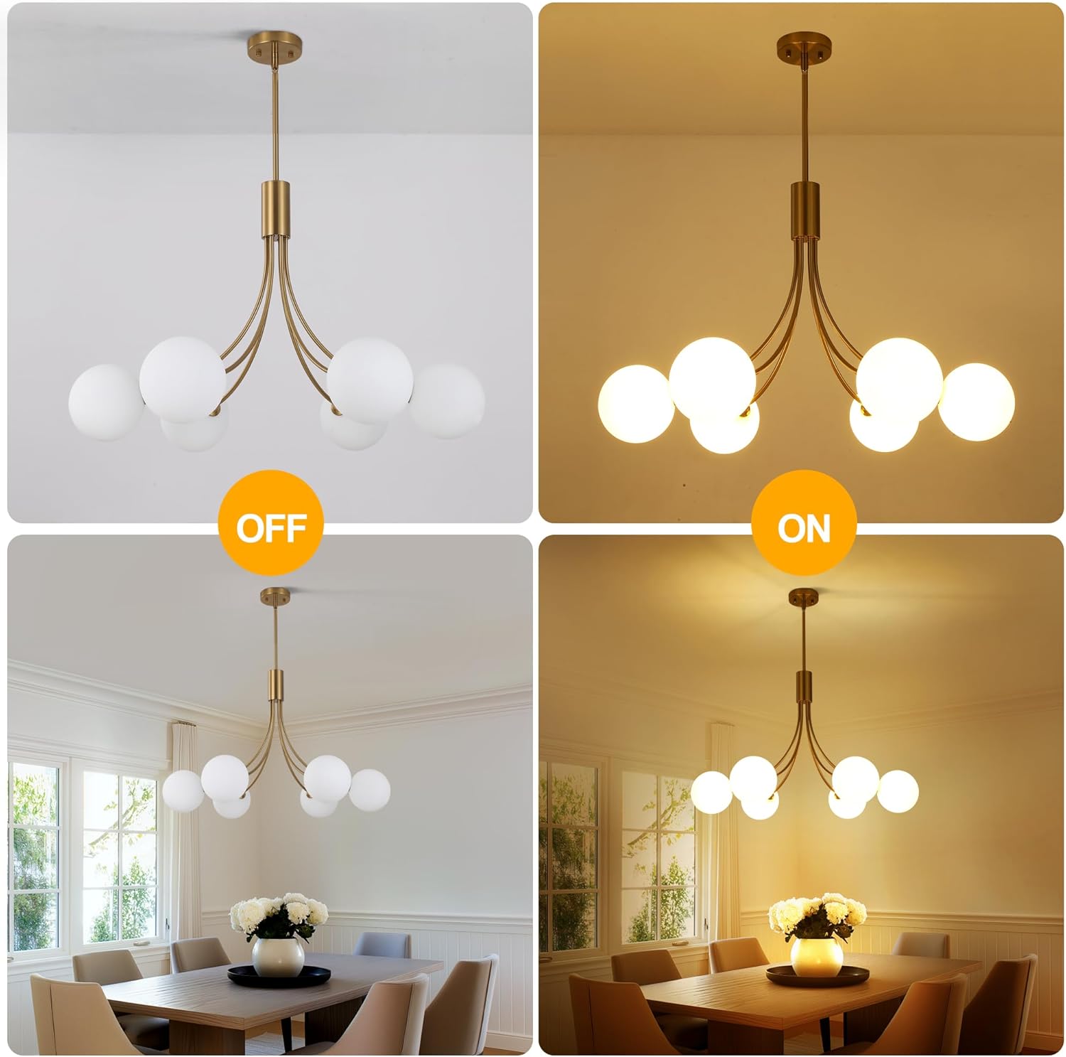 Modern 6-Light Globe Chandelier - Adjustable Gold Pendant Light with Opal Glass Shades, E26 Base for Dining & Living Room