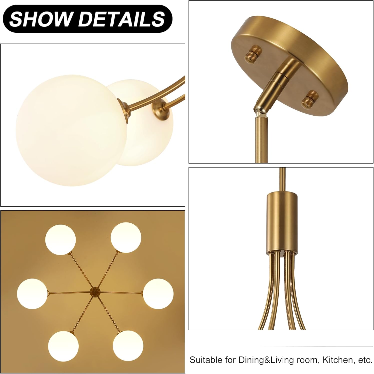 Modern 6-Light Globe Chandelier - Adjustable Gold Pendant Light with Opal Glass Shades, E26 Base for Dining & Living Room