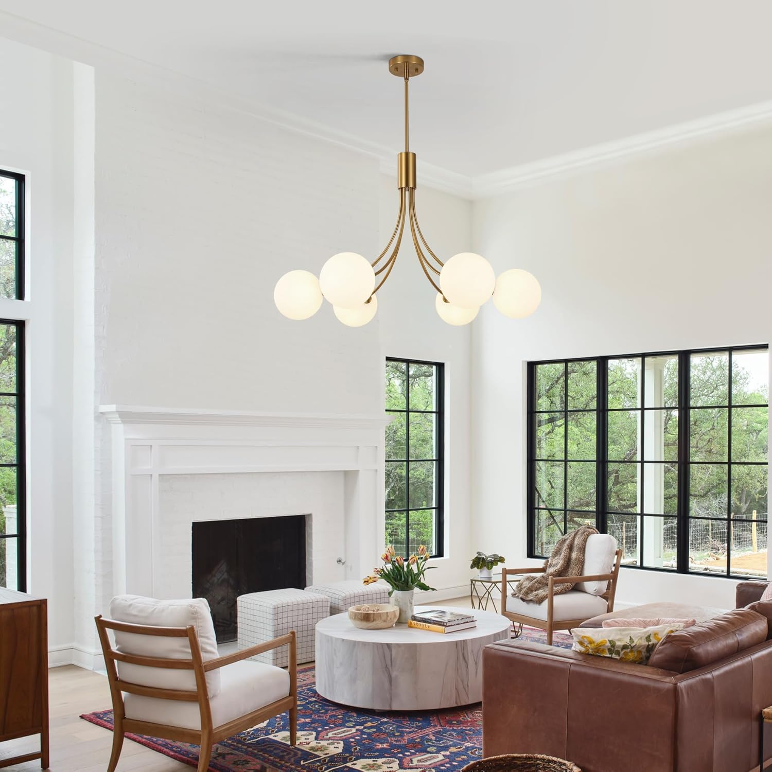 Modern 6-Light Globe Chandelier - Adjustable Gold Pendant Light with Opal Glass Shades, E26 Base for Dining & Living Room