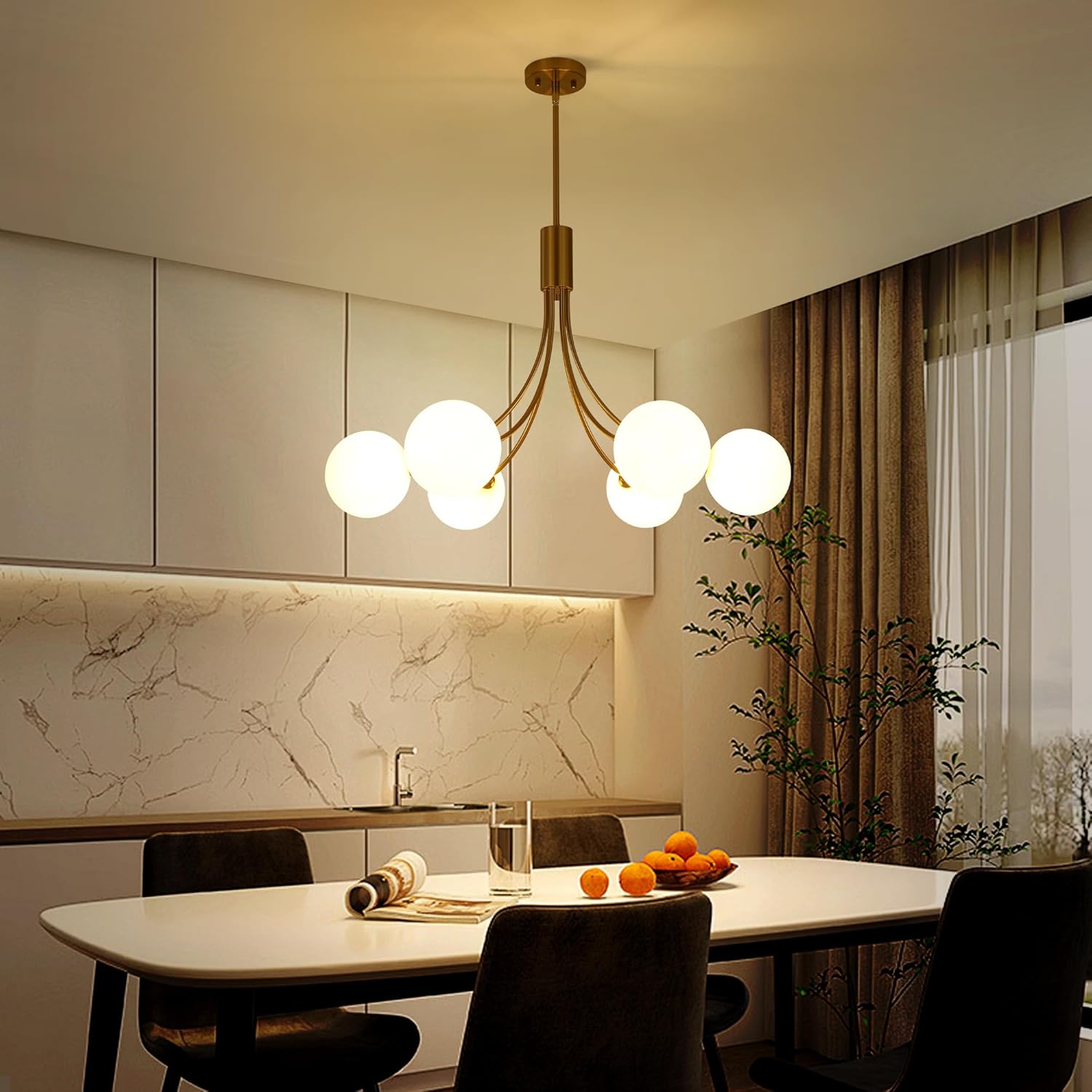 Modern 6-Light Globe Chandelier - Adjustable Gold Pendant Light with Opal Glass Shades, E26 Base for Dining & Living Room