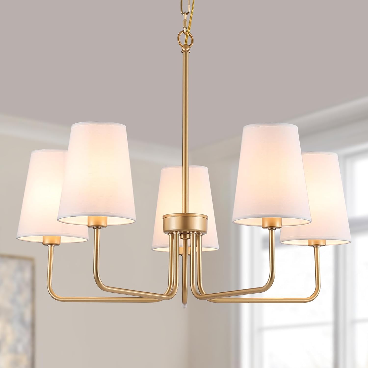 Modern Gold 5-Light Chandelier with White Fabric Shades – Adjustable Height for Dining & Living Rooms