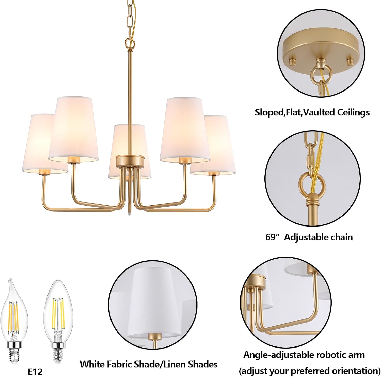 Modern Gold 5-Light Chandelier with White Fabric Shades – Adjustable Height for Dining & Living Rooms