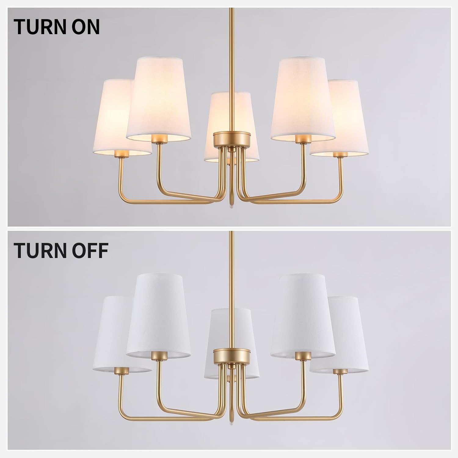 Modern Gold 5-Light Chandelier with White Fabric Shades – Adjustable Height for Dining & Living Rooms