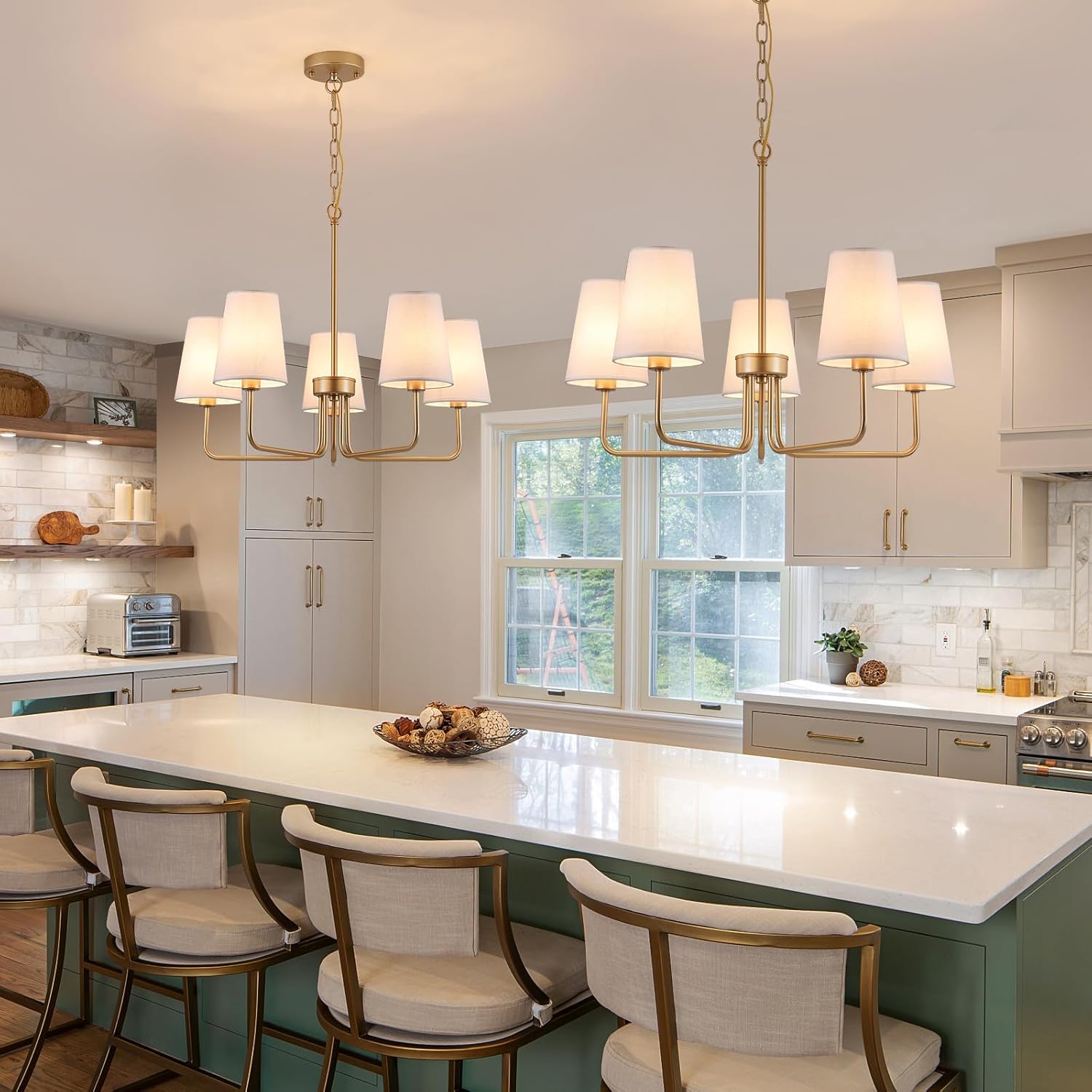 Modern Gold 5-Light Chandelier with White Fabric Shades – Adjustable Height for Dining & Living Rooms