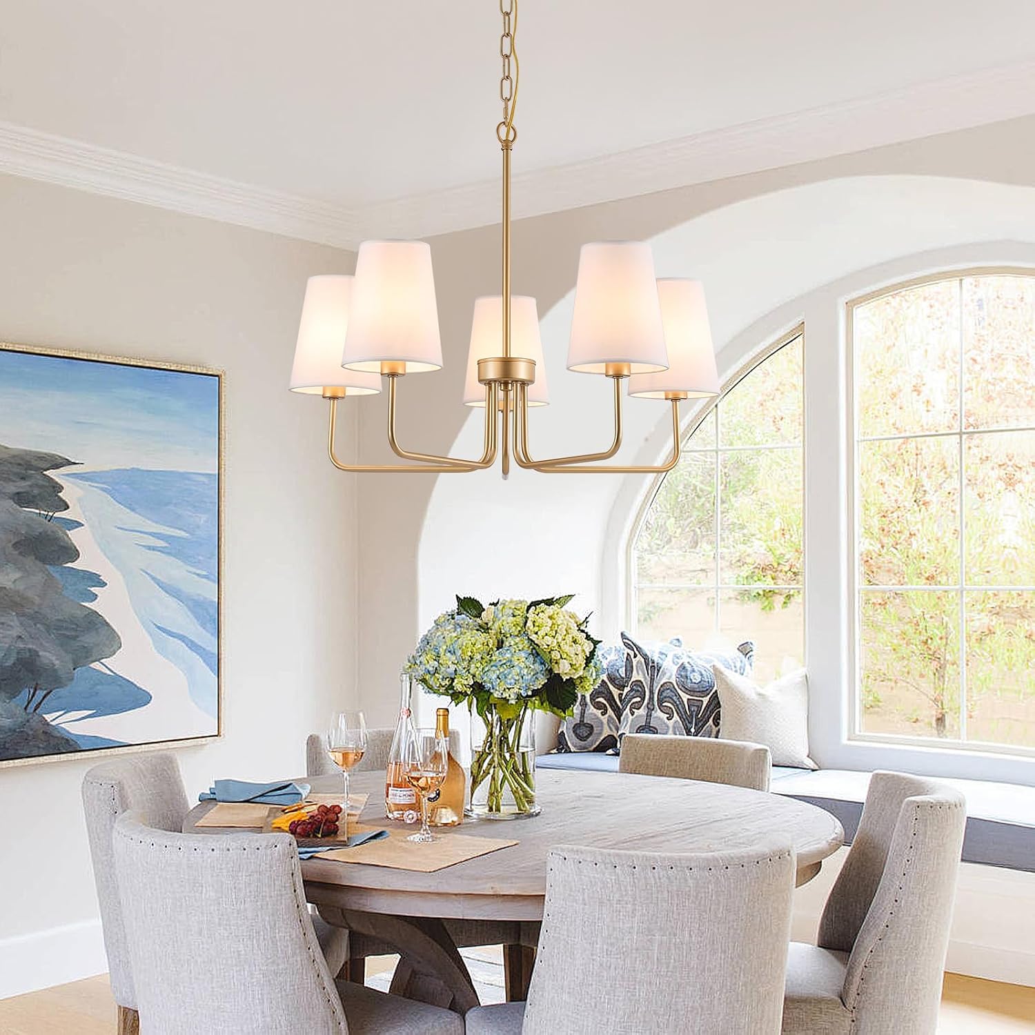 Modern Gold 5-Light Chandelier with White Fabric Shades – Adjustable Height for Dining & Living Rooms
