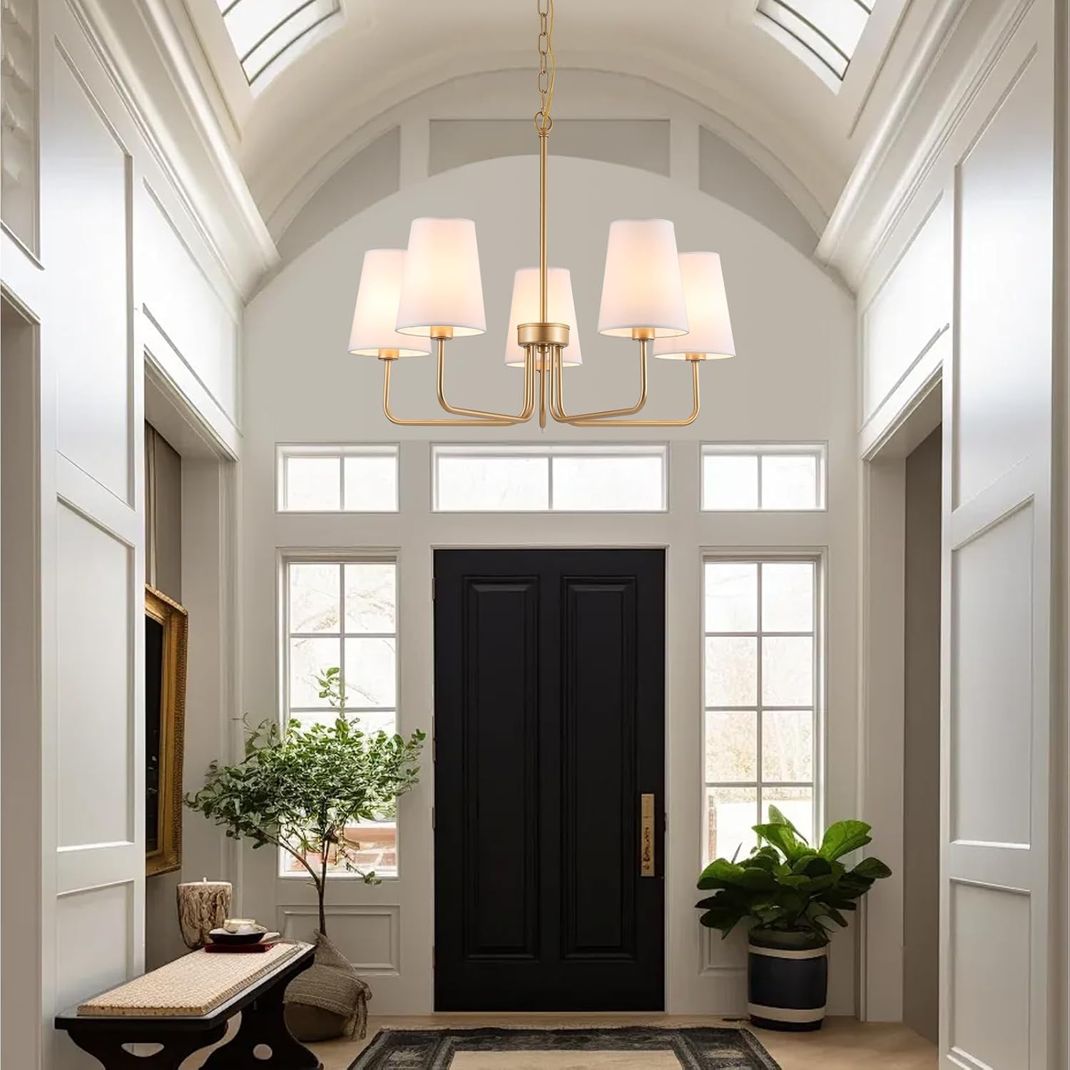 Modern Gold 5-Light Chandelier with White Fabric Shades – Adjustable Height for Dining & Living Rooms