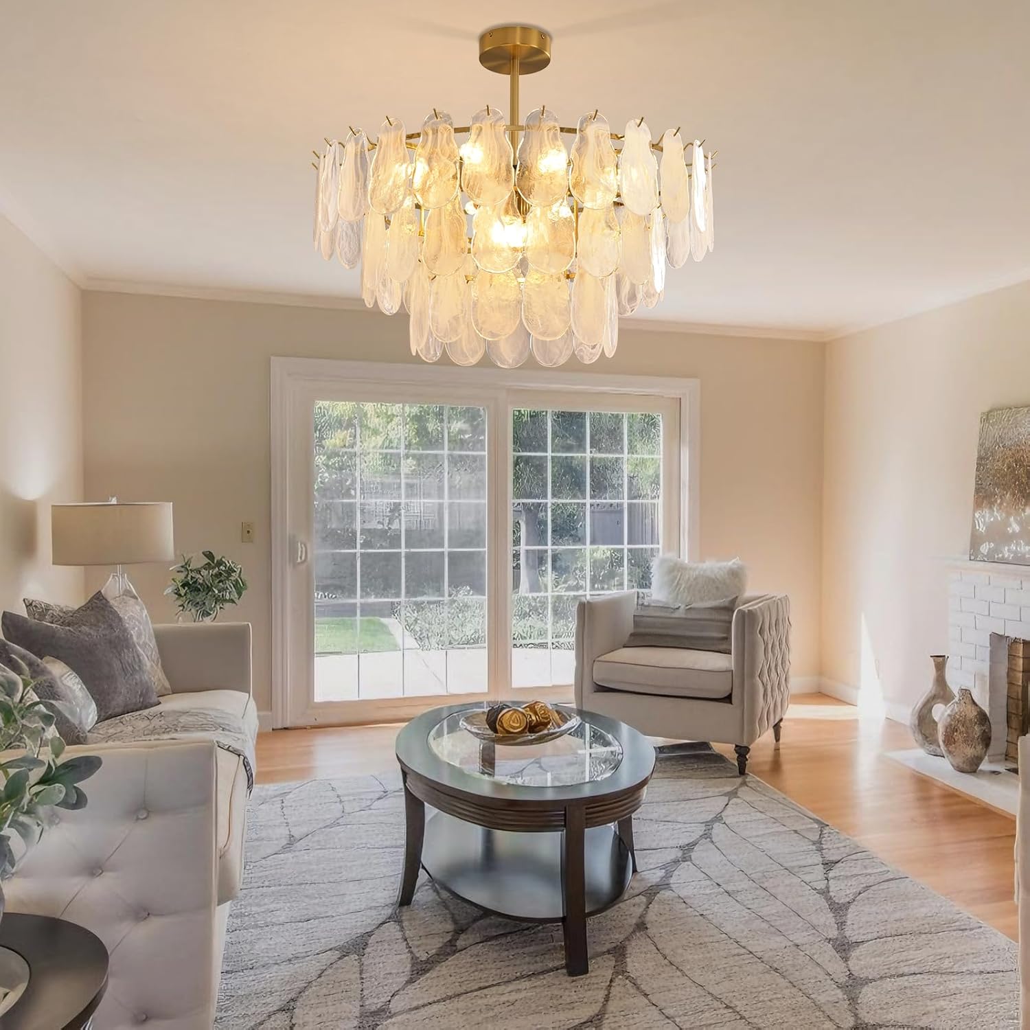 Large Gold Glass Drop Chandelier – Adjustable E12 Pendant Light with 59 Textured Glass Pieces