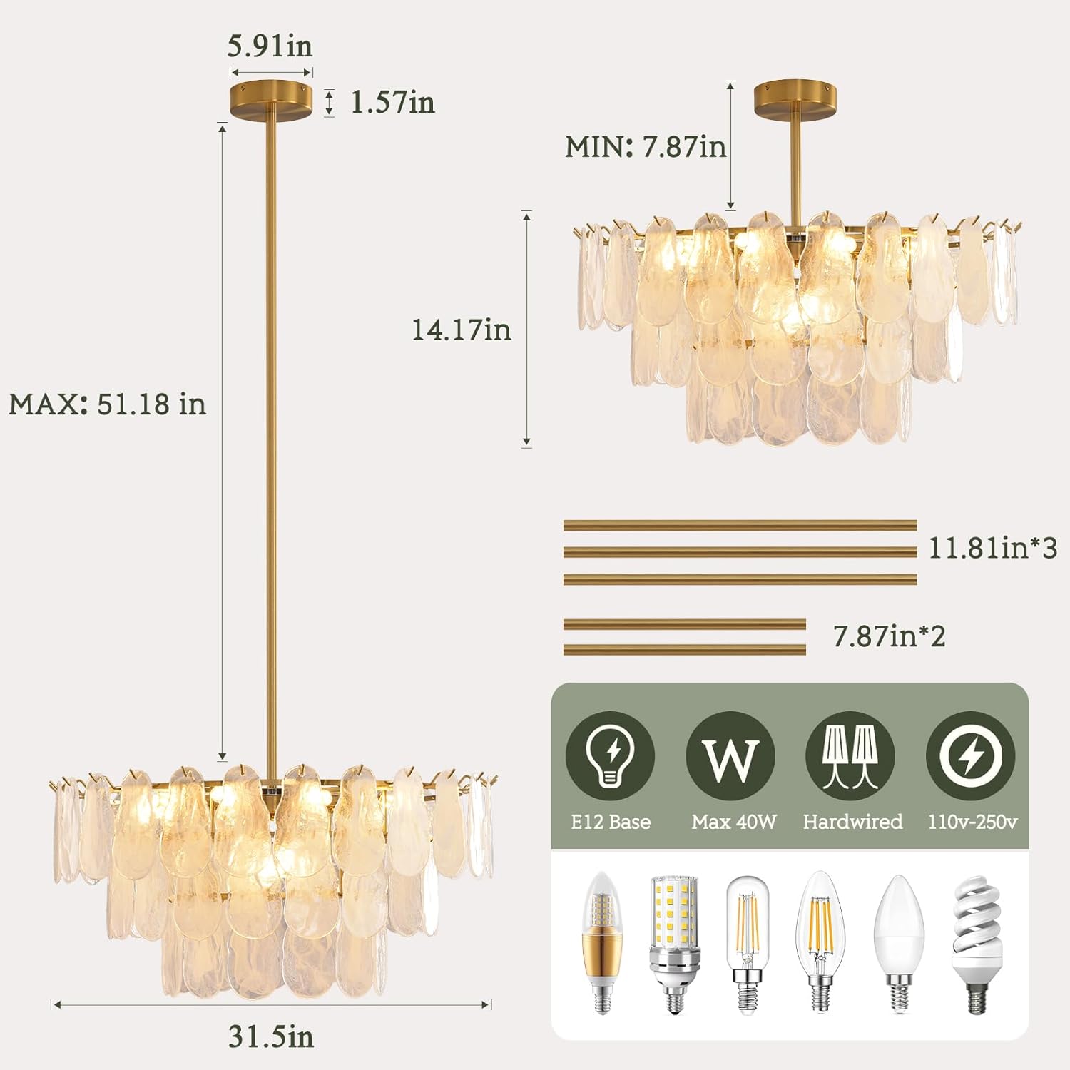 Large Gold Glass Drop Chandelier – Adjustable E12 Pendant Light with 59 Textured Glass Pieces