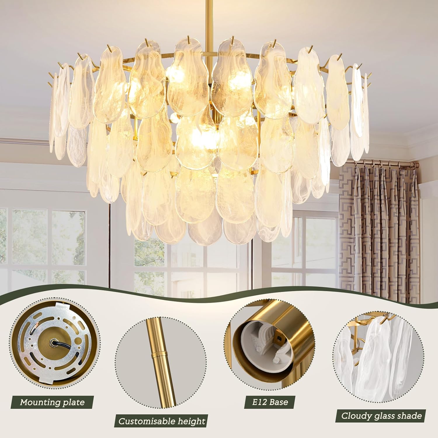 Large Gold Glass Drop Chandelier – Adjustable E12 Pendant Light with 59 Textured Glass Pieces