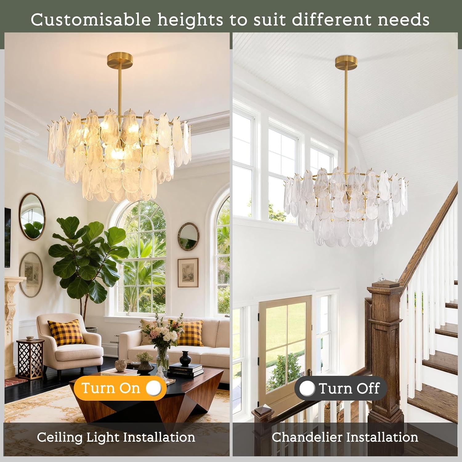 Large Gold Glass Drop Chandelier – Adjustable E12 Pendant Light with 59 Textured Glass Pieces