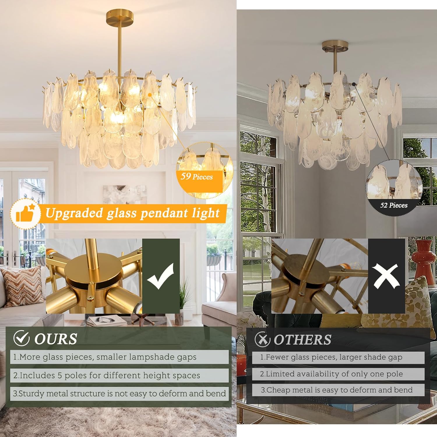 Large Gold Glass Drop Chandelier – Adjustable E12 Pendant Light with 59 Textured Glass Pieces