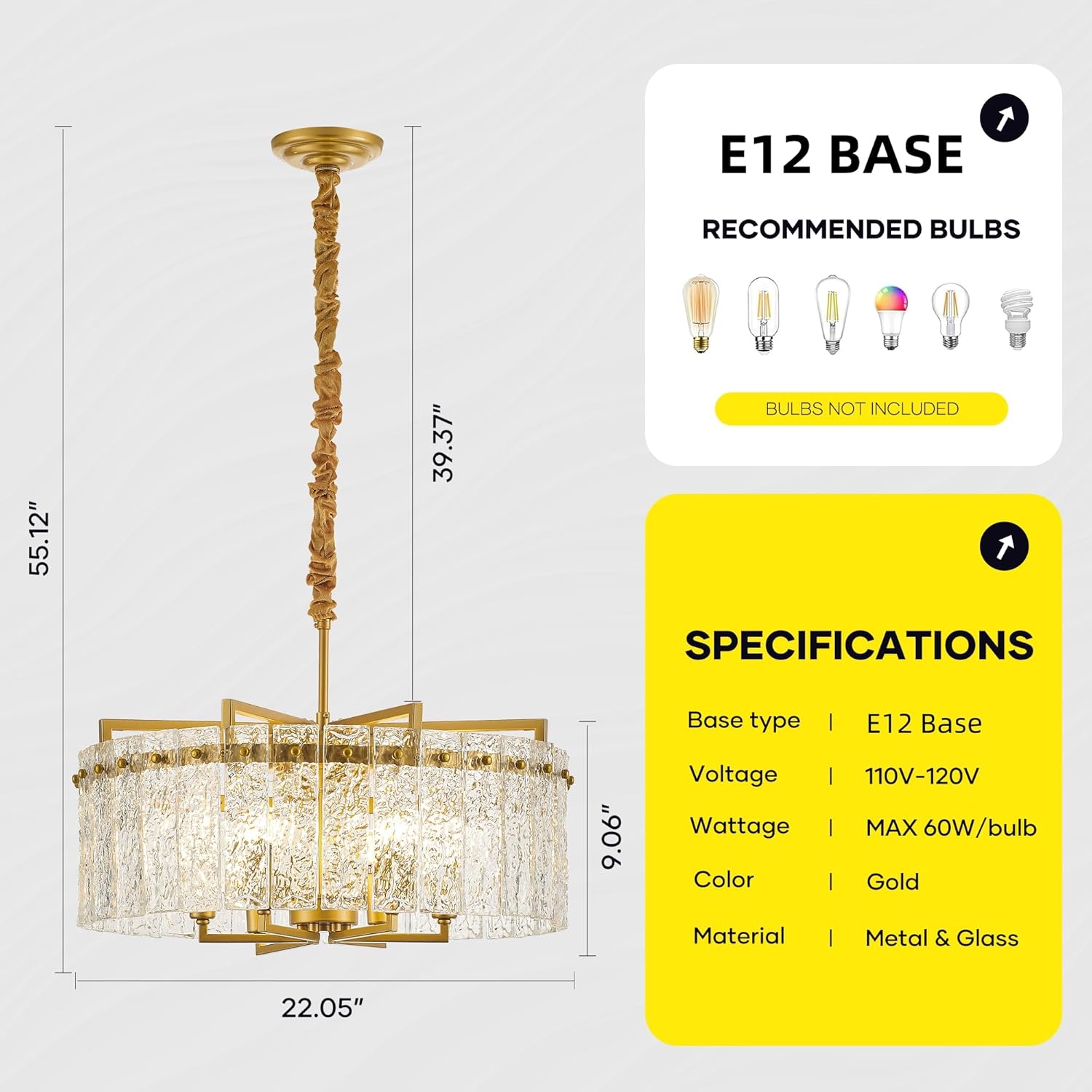 Modern Luxury Gold Chandelier with Clear Ripple Glass – Adjustable Height Round Multi-Layer Pendant Light