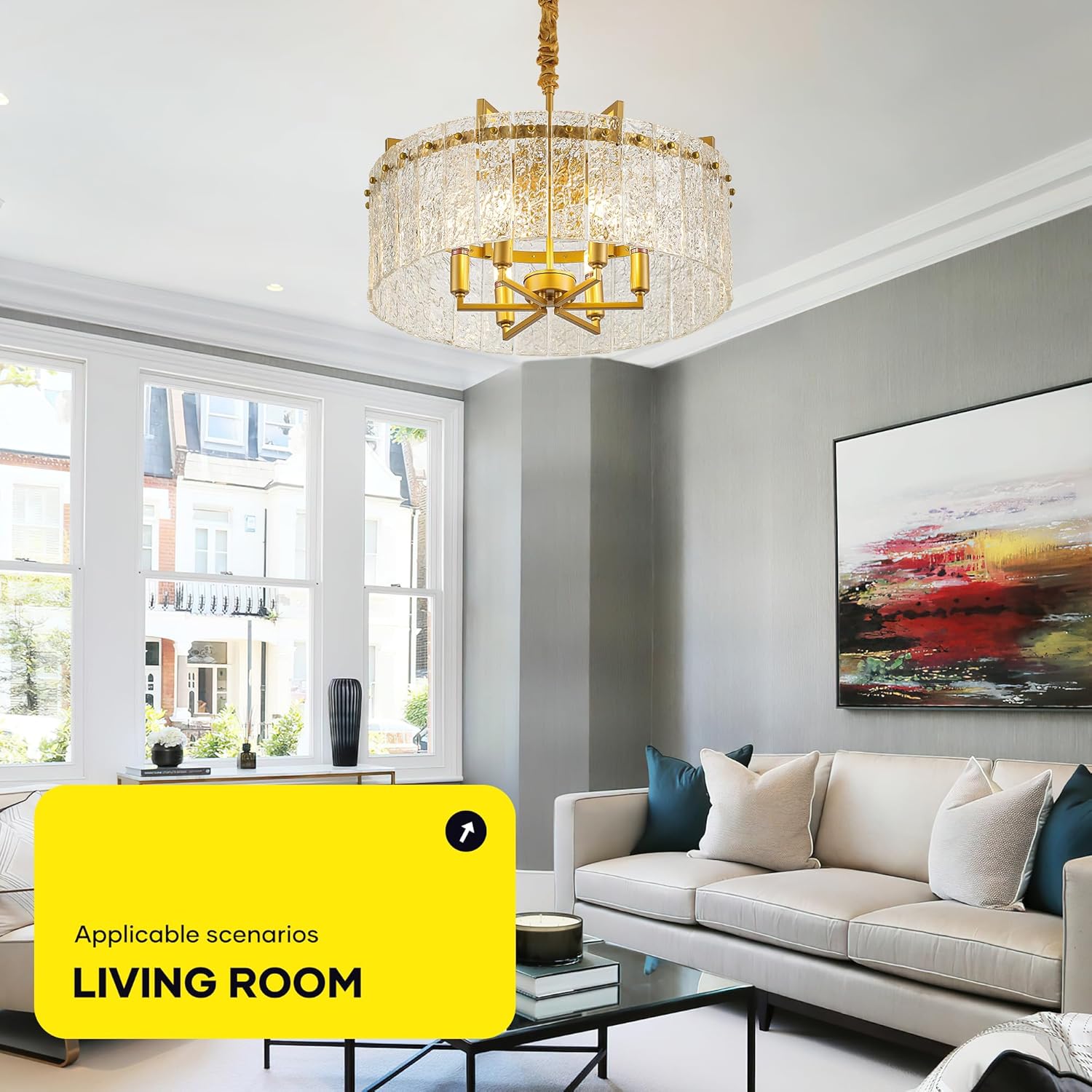 Modern Luxury Gold Chandelier with Clear Ripple Glass – Adjustable Height Round Multi-Layer Pendant Light