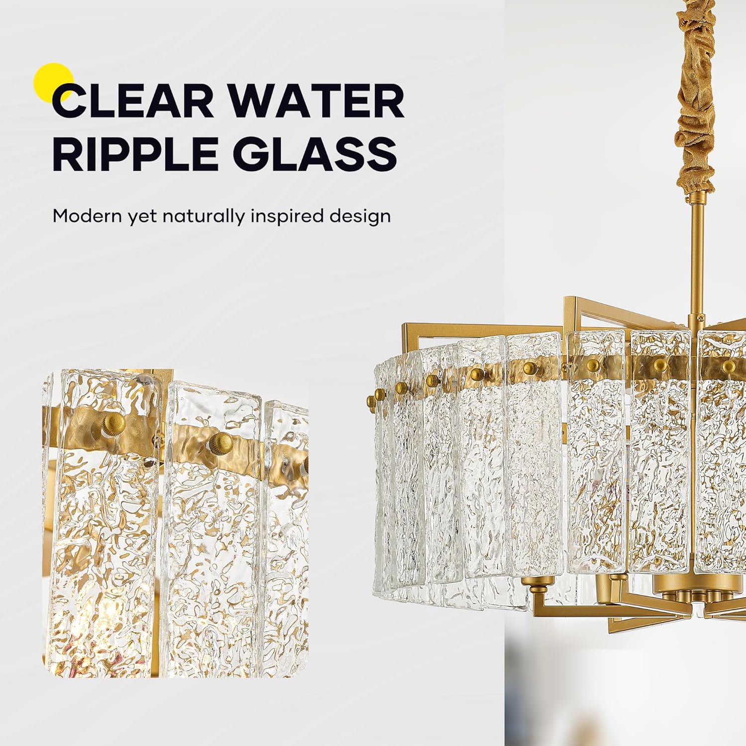 Modern Luxury Gold Chandelier with Clear Ripple Glass – Adjustable Height Round Multi-Layer Pendant Light
