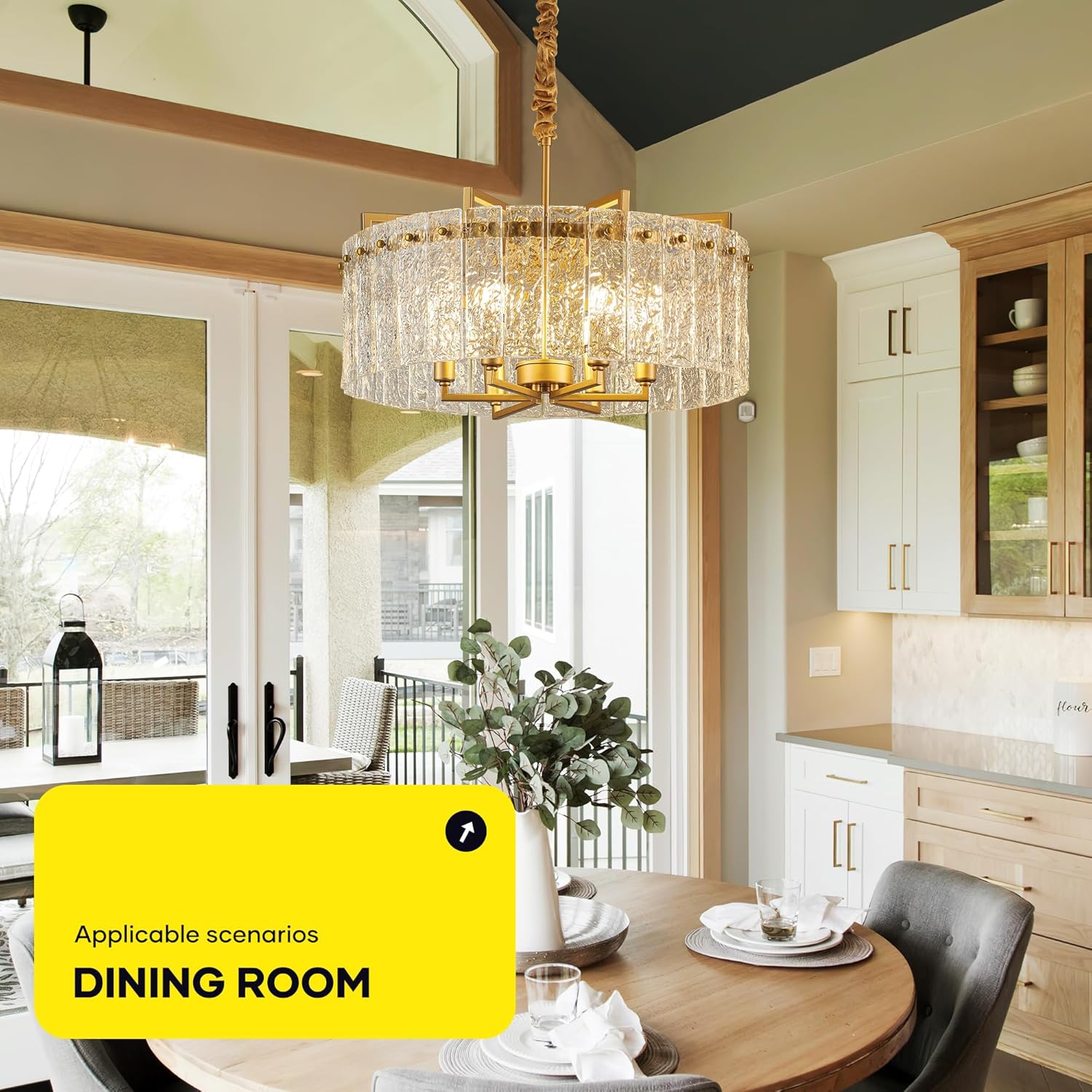 Modern Luxury Gold Chandelier with Clear Ripple Glass – Adjustable Height Round Multi-Layer Pendant Light