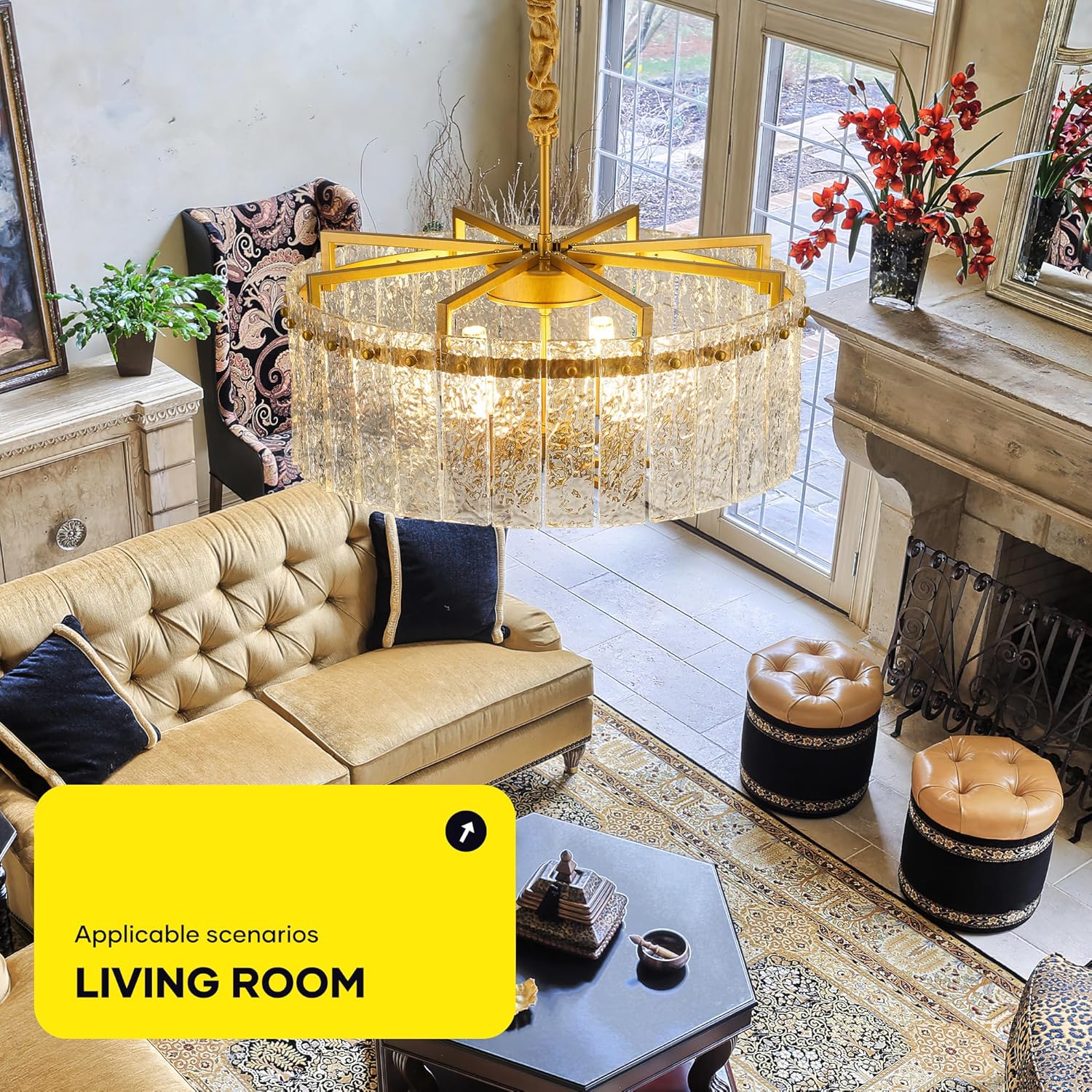 Modern Luxury Gold Chandelier with Clear Ripple Glass – Adjustable Height Round Multi-Layer Pendant Light