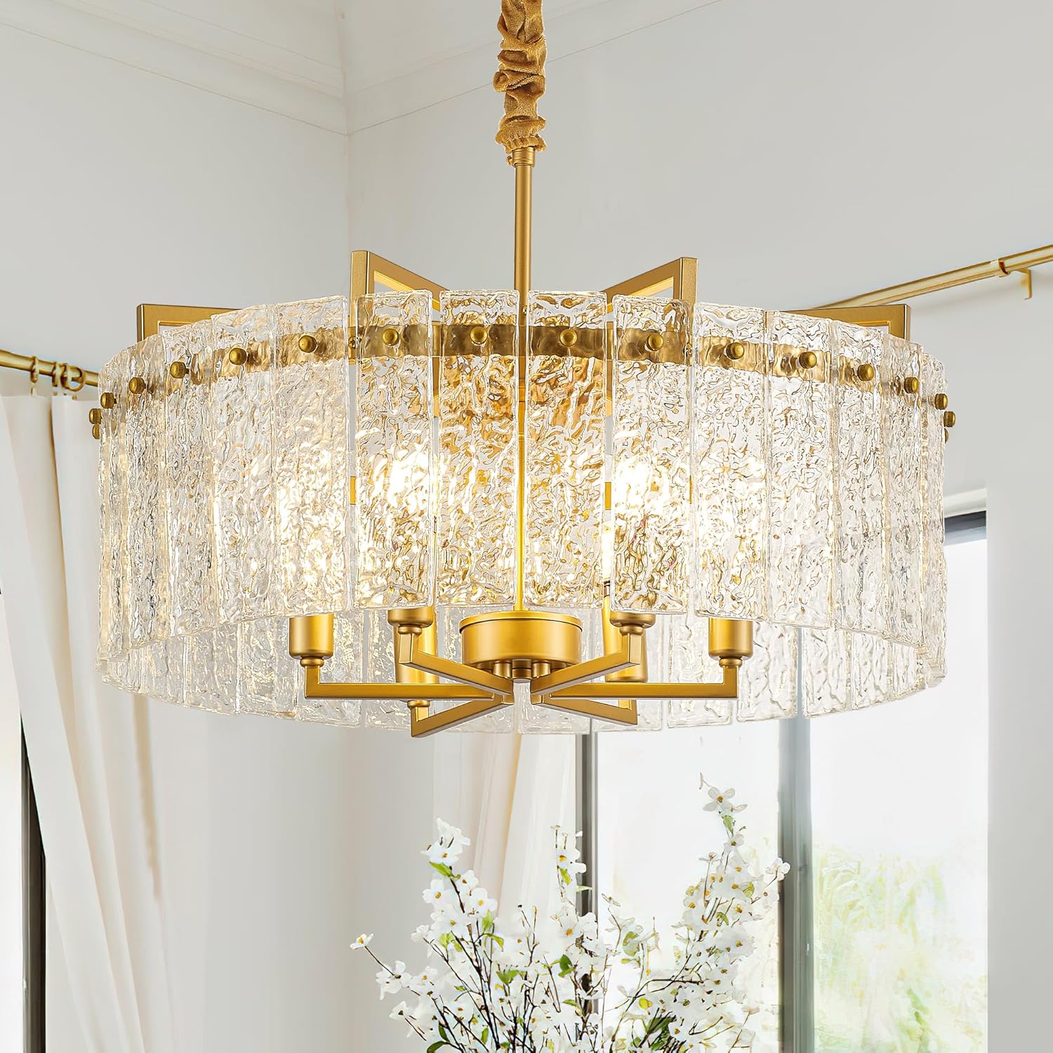 Modern Luxury Gold Chandelier with Clear Ripple Glass – Adjustable Height Round Multi-Layer Pendant Light