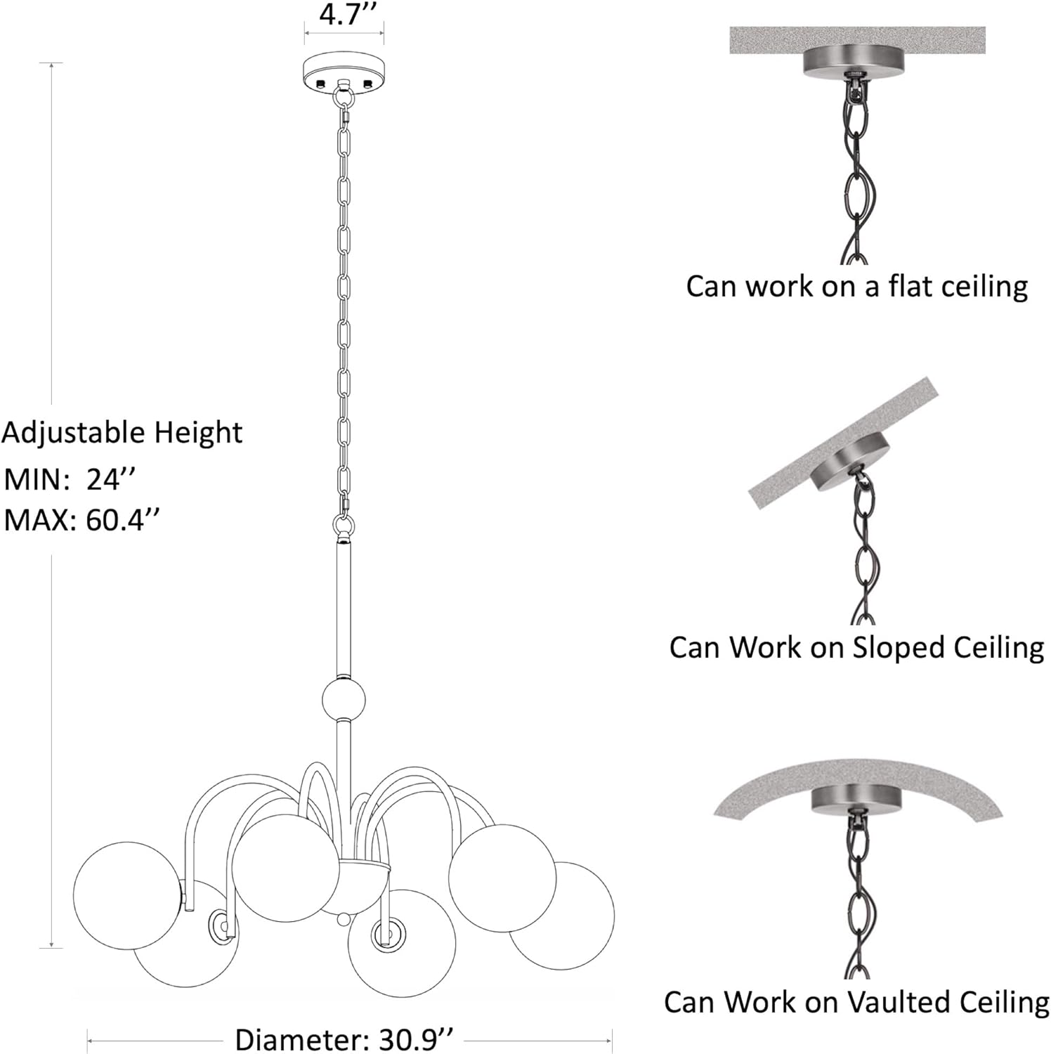 Modern Gold Globe Chandelier 6-Light Adjustable Height Pendant Ceiling Light
