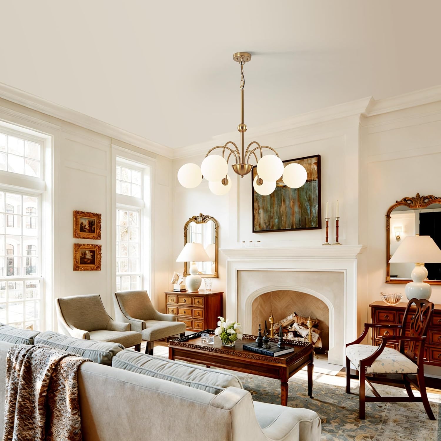 Modern Gold Globe Chandelier 6-Light Adjustable Height Pendant Ceiling Light