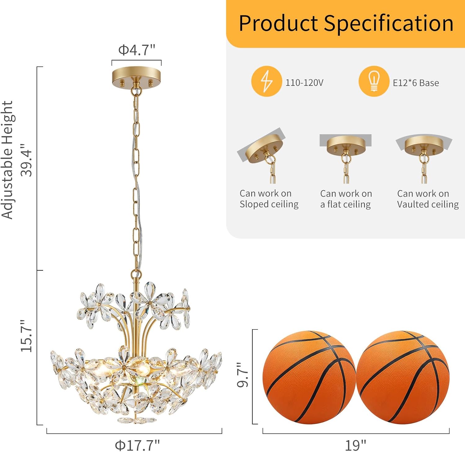 Modern Luxury Crystal Flower Chandelier - Adjustable Gold Pendant Light with 6 E12 Bulb Holders for Ceiling, Sloped, or Vaulted Mounting