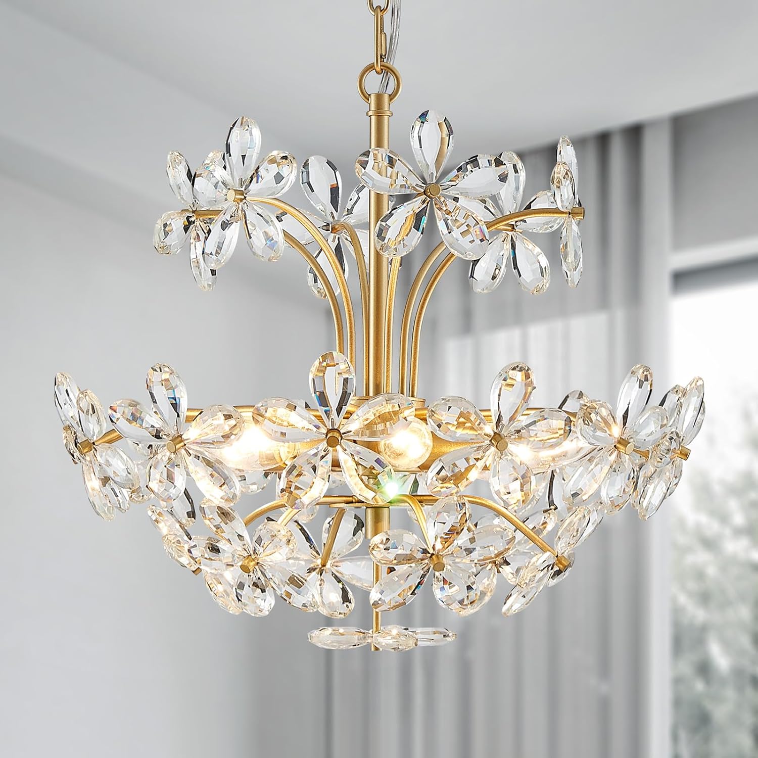 Modern Luxury Crystal Flower Chandelier - Adjustable Gold Pendant Light with 6 E12 Bulb Holders for Ceiling, Sloped, or Vaulted Mounting
