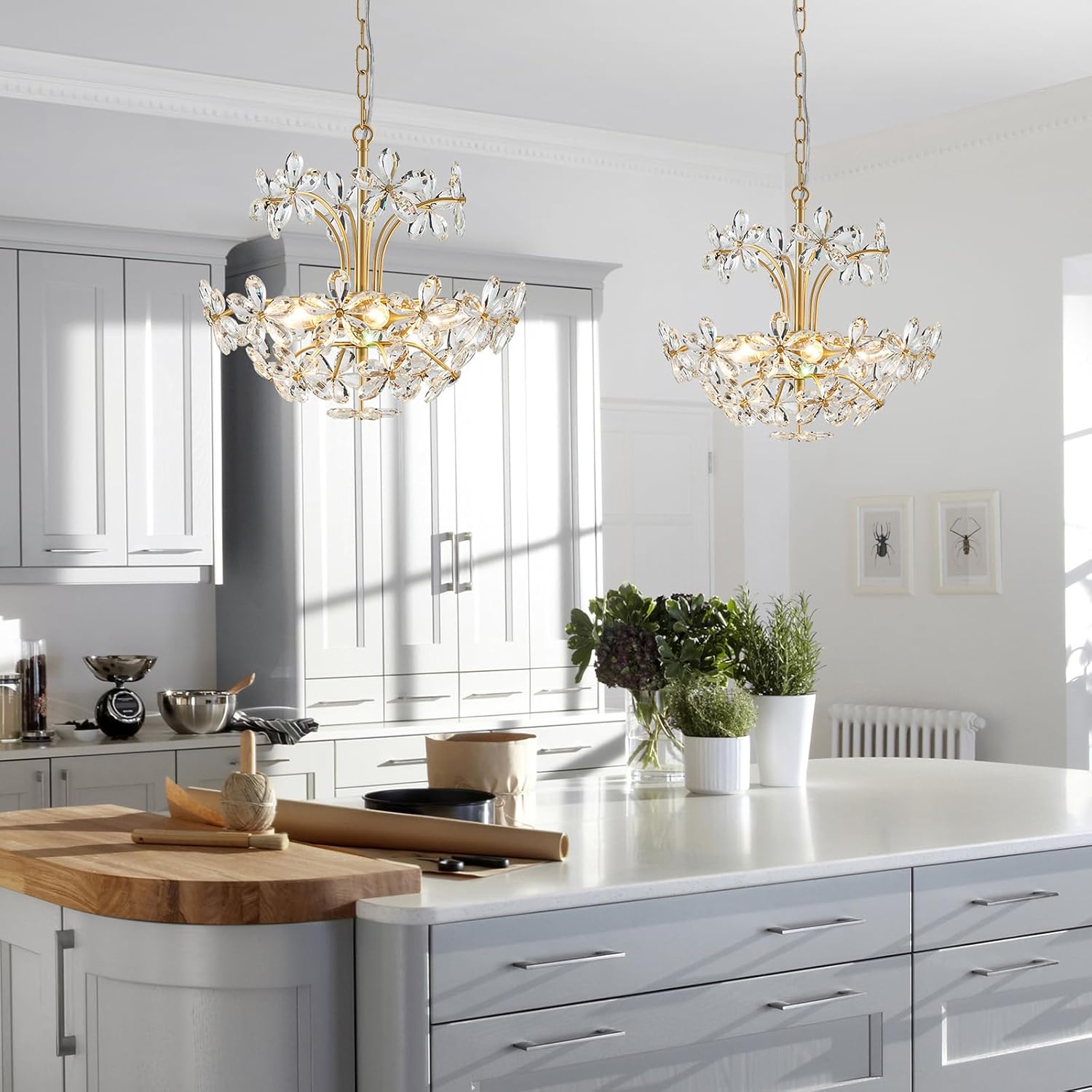 Modern Luxury Crystal Flower Chandelier - Adjustable Gold Pendant Light with 6 E12 Bulb Holders for Ceiling, Sloped, or Vaulted Mounting