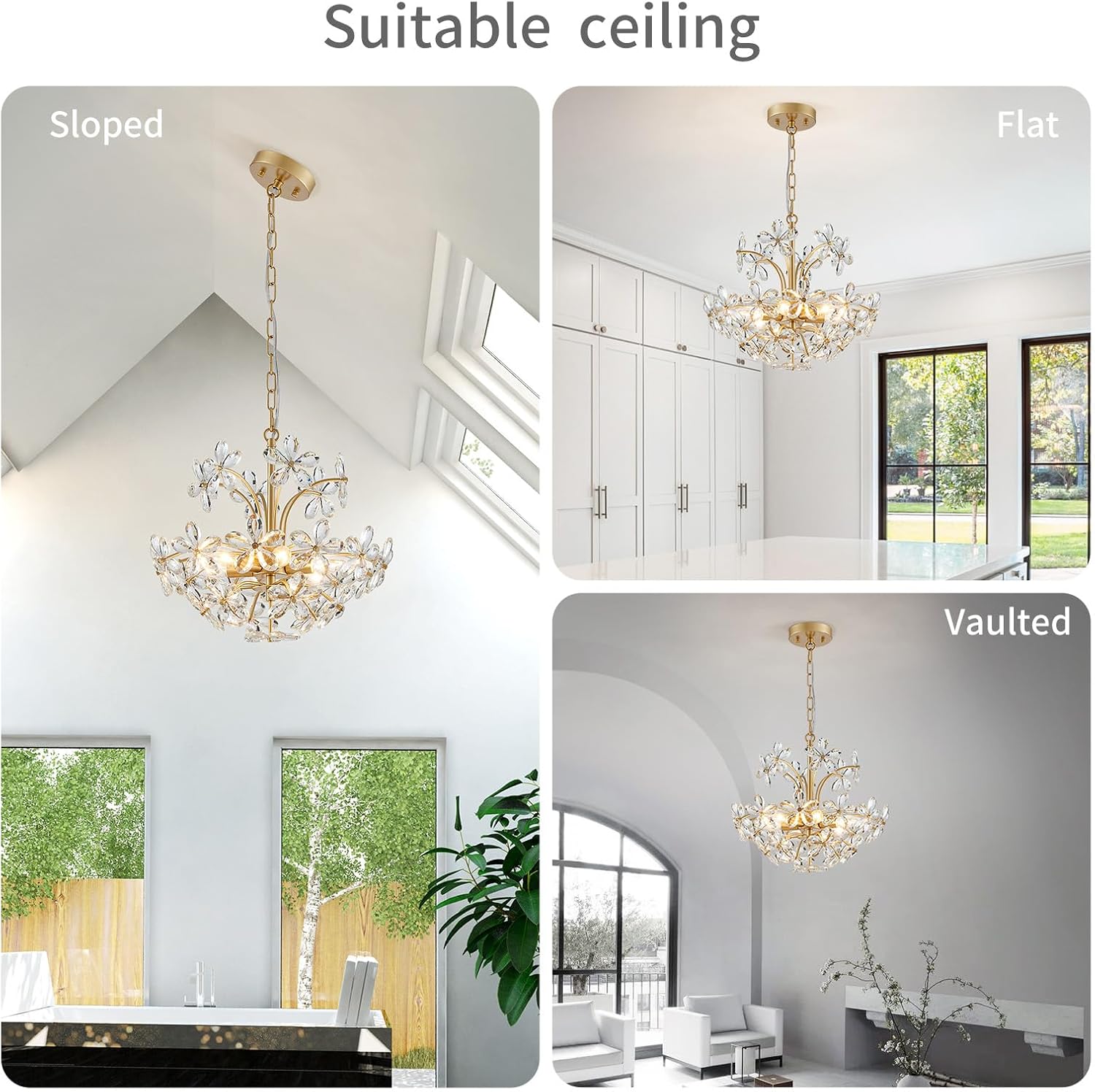 Modern Luxury Crystal Flower Chandelier - Adjustable Gold Pendant Light with 6 E12 Bulb Holders for Ceiling, Sloped, or Vaulted Mounting