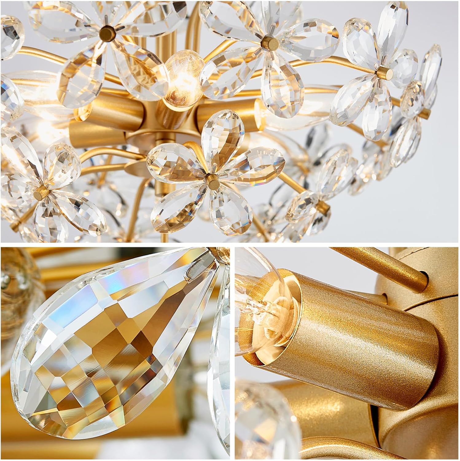 Modern Luxury Crystal Flower Chandelier - Adjustable Gold Pendant Light with 6 E12 Bulb Holders for Ceiling, Sloped, or Vaulted Mounting